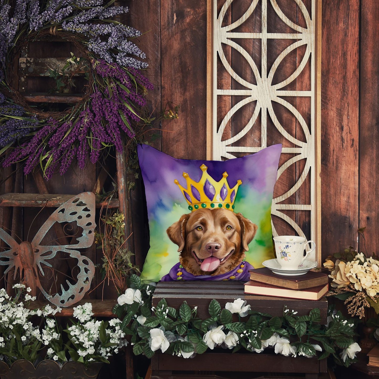 Chesapeake Bay Retriever King of Mardi Gras Throw Pillow Machine Washable, Indoor Outdoor Decorative Pillow for Couch, Bed or Patio, 14Hx14W