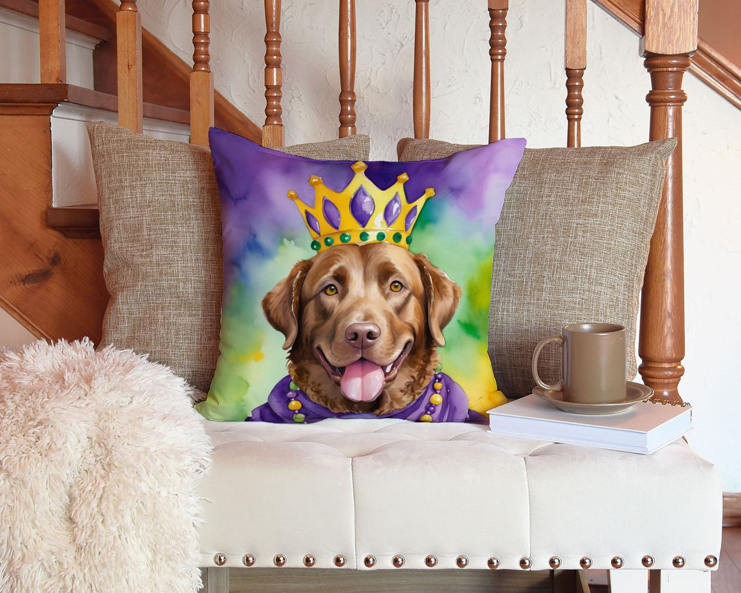 Chesapeake Bay Retriever King of Mardi Gras Throw Pillow Machine Washable, Indoor Outdoor Decorative Pillow for Couch, Bed or Patio, 14Hx14W