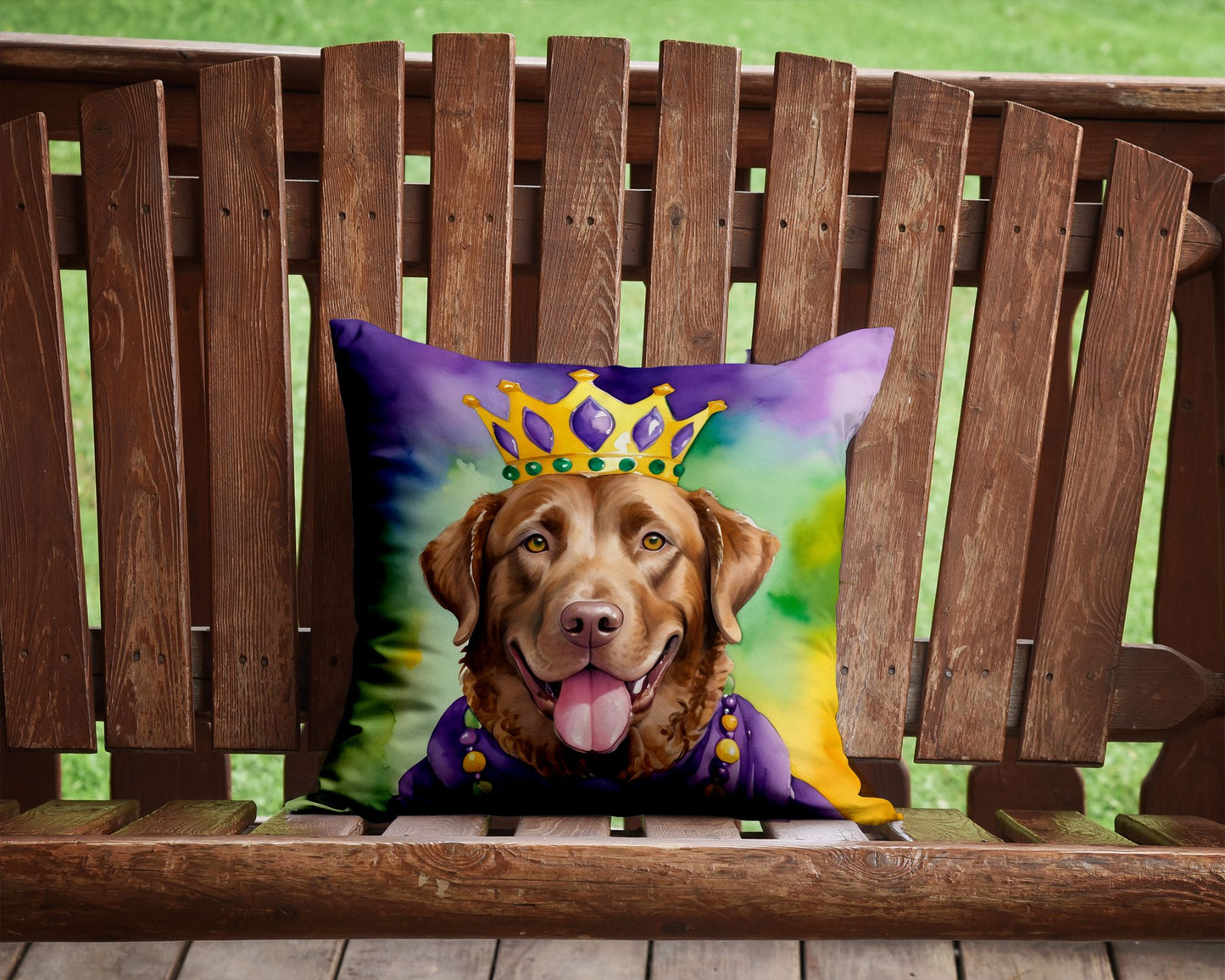 Chesapeake Bay Retriever King of Mardi Gras Throw Pillow Machine Washable, Indoor Outdoor Decorative Pillow for Couch, Bed or Patio, 14Hx14W