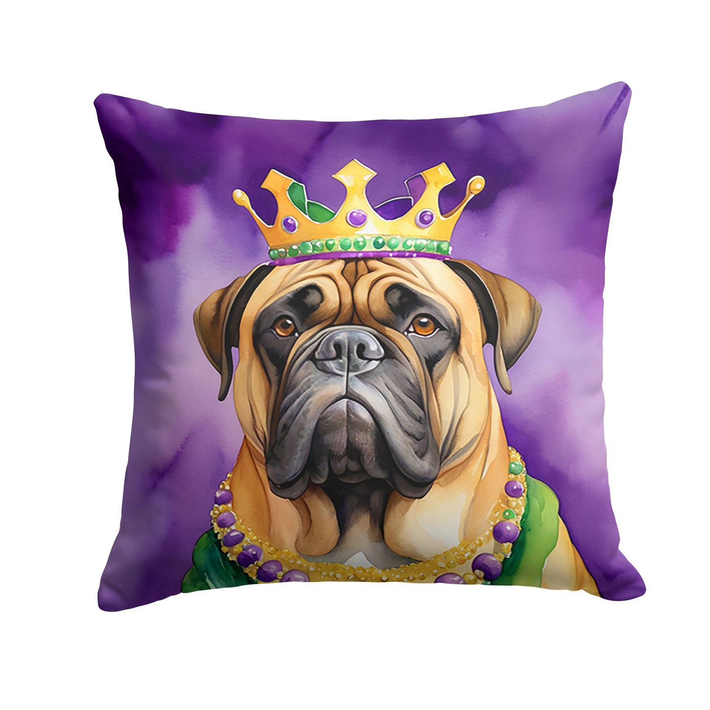 Bullmastiff King of Mardi Gras Throw Pillow Machine Washable, Indoor Outdoor Decorative Pillow for Couch, Bed or Patio, 14Hx14W