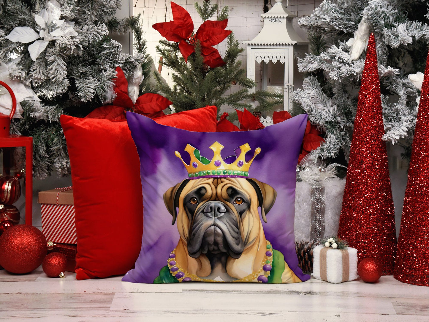 Bullmastiff King of Mardi Gras Throw Pillow Machine Washable, Indoor Outdoor Decorative Pillow for Couch, Bed or Patio, 14Hx14W