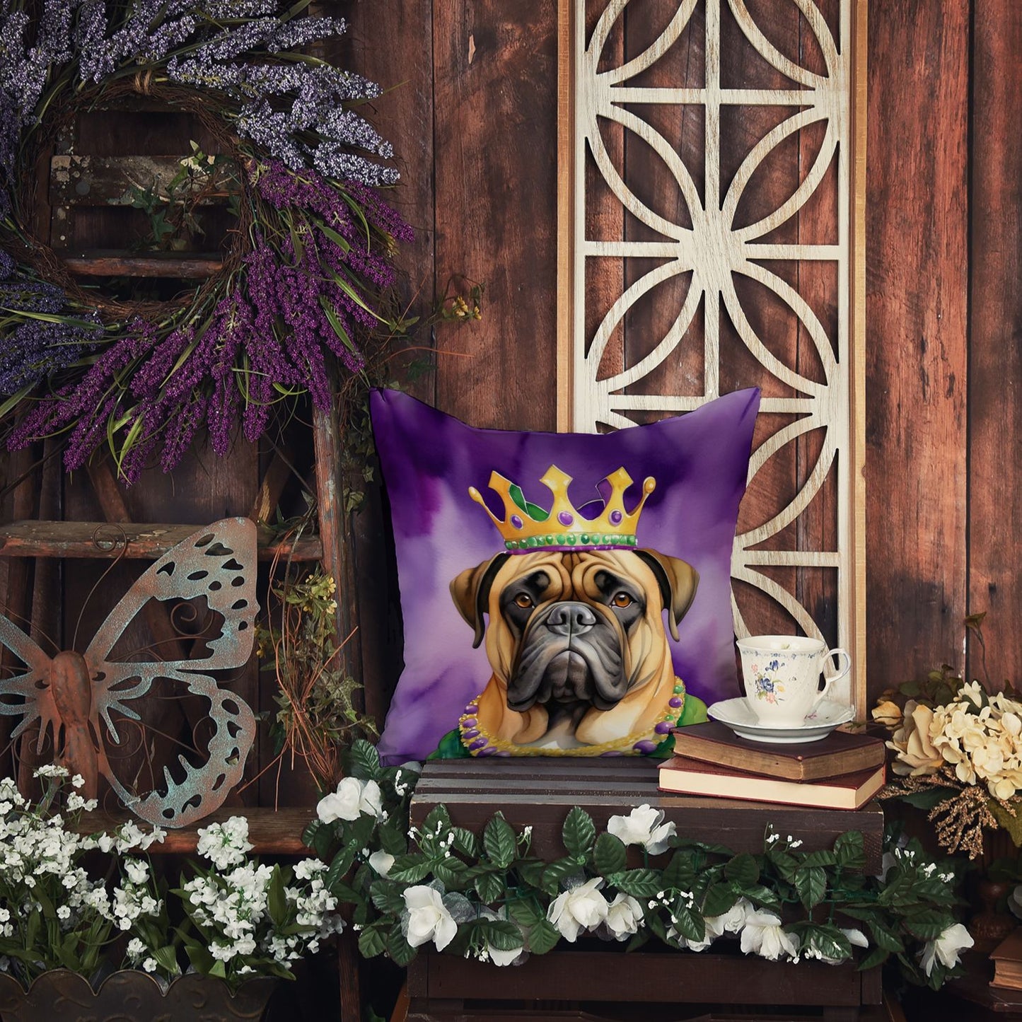 Bullmastiff King of Mardi Gras Throw Pillow Machine Washable, Indoor Outdoor Decorative Pillow for Couch, Bed or Patio, 14Hx14W