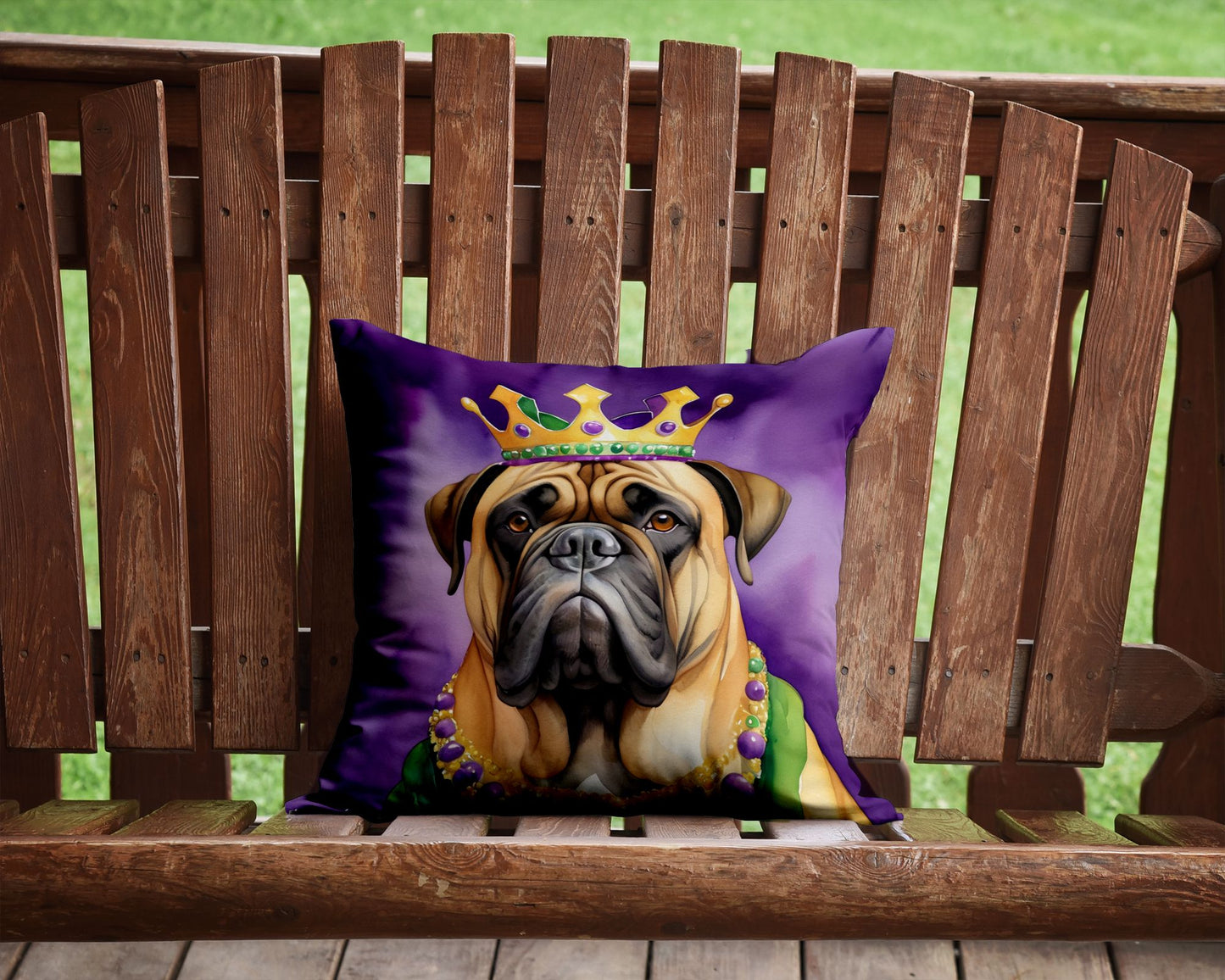 Bullmastiff King of Mardi Gras Throw Pillow Machine Washable, Indoor Outdoor Decorative Pillow for Couch, Bed or Patio, 14Hx14W