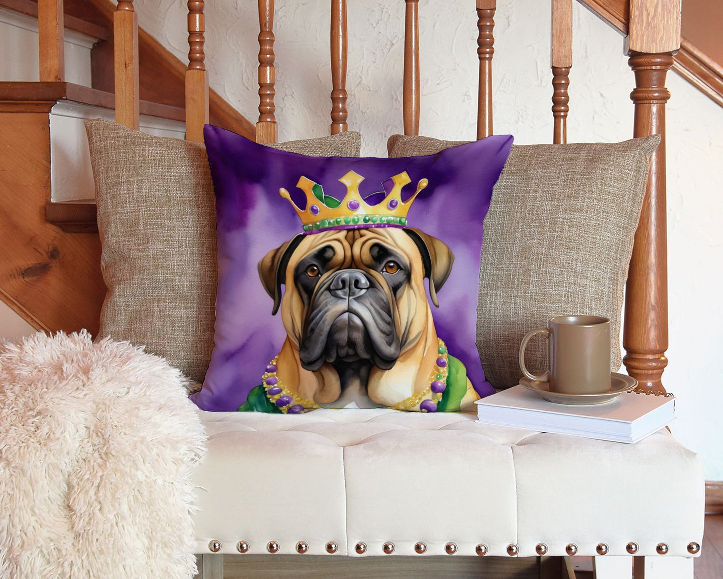 Bullmastiff King of Mardi Gras Throw Pillow Machine Washable, Indoor Outdoor Decorative Pillow for Couch, Bed or Patio, 14Hx14W