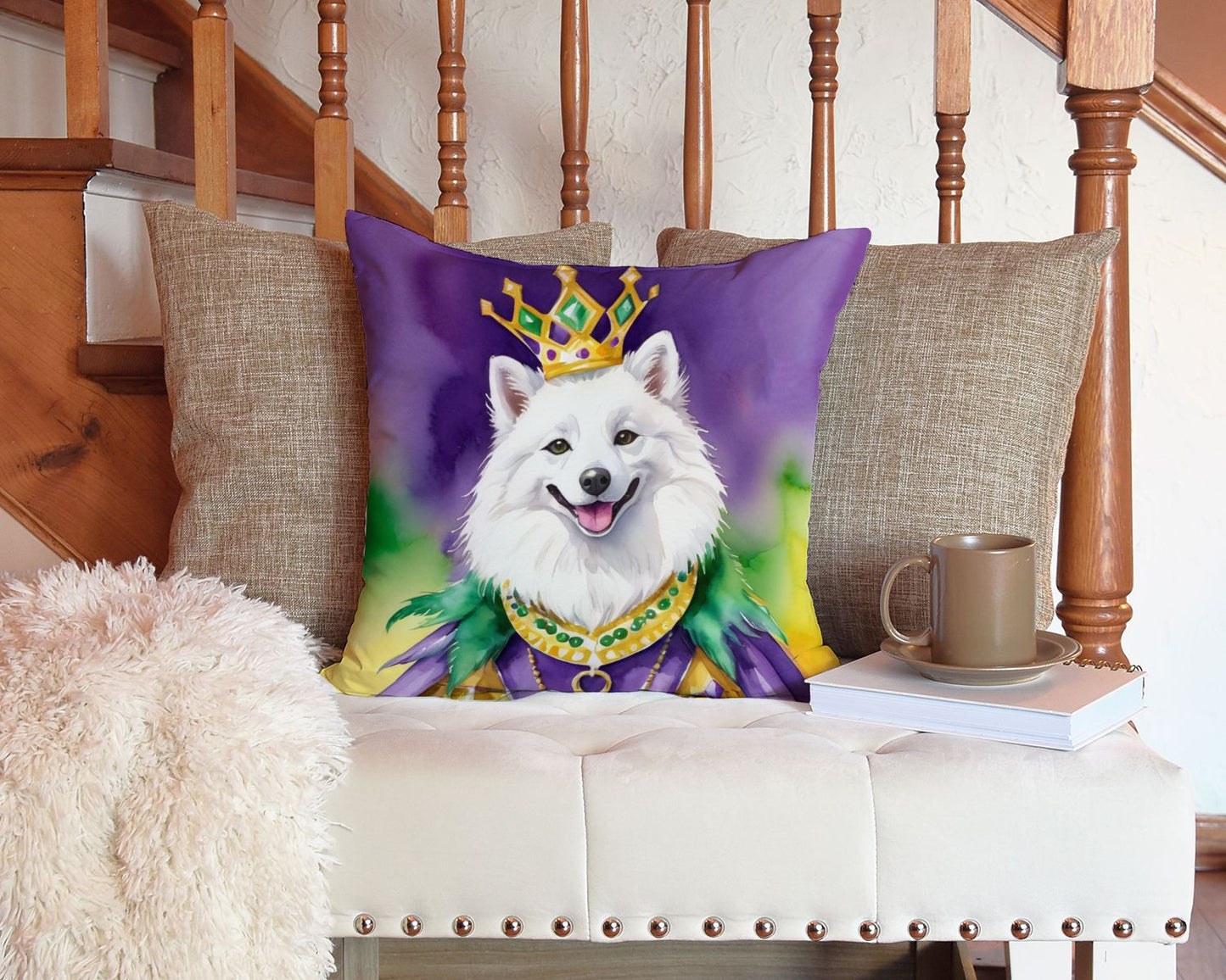 American Eskimo King of Mardi Gras Throw Pillow Machine Washable, Indoor Outdoor Decorative Pillow for Couch, Bed or Patio, 14Hx14W