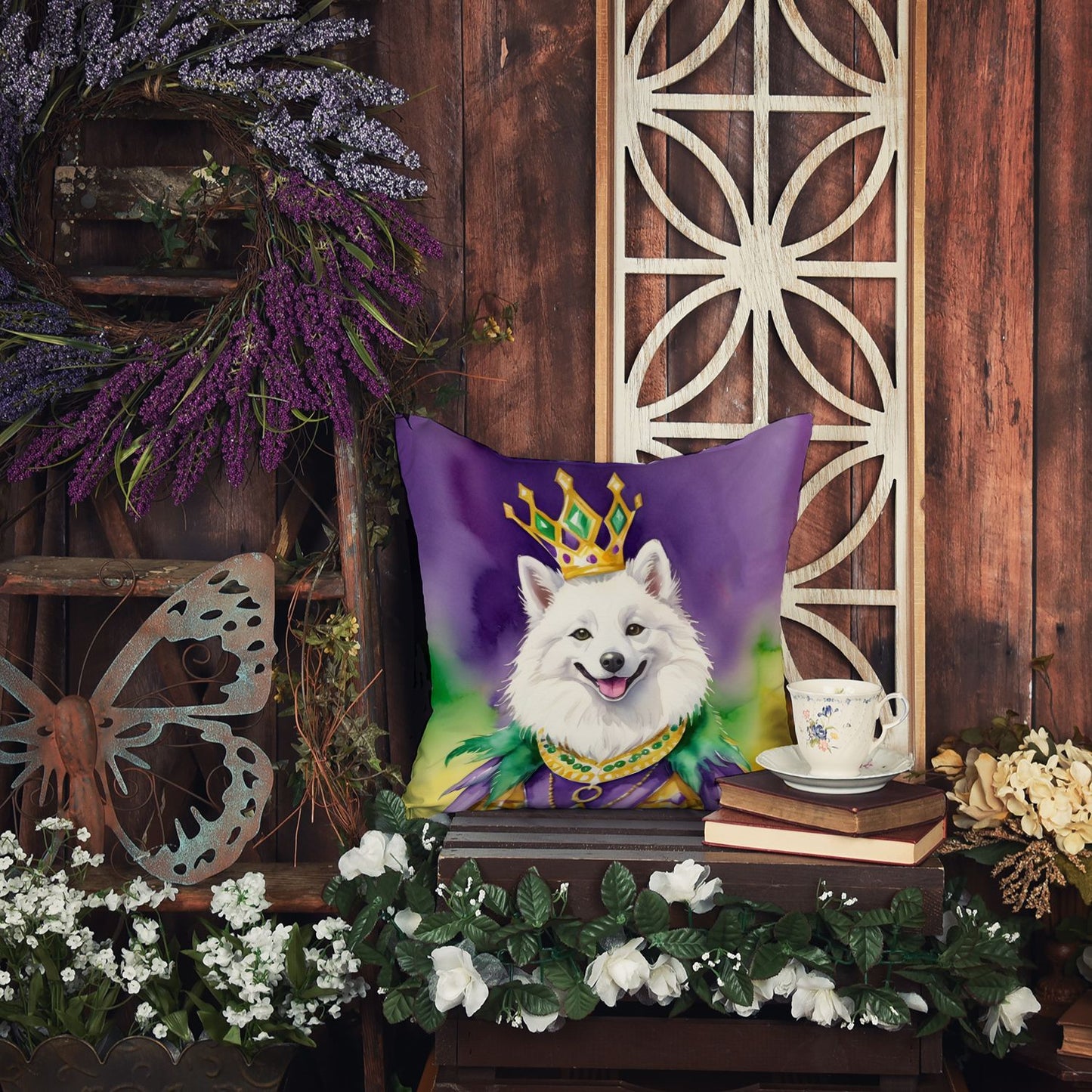 American Eskimo King of Mardi Gras Throw Pillow Machine Washable, Indoor Outdoor Decorative Pillow for Couch, Bed or Patio, 14Hx14W