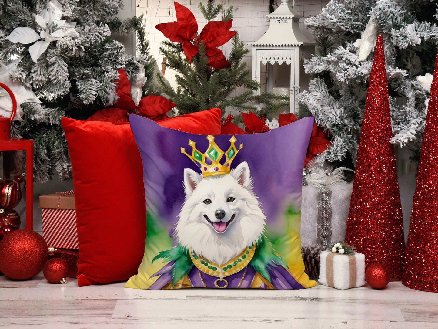 American Eskimo King of Mardi Gras Throw Pillow Machine Washable, Indoor Outdoor Decorative Pillow for Couch, Bed or Patio, 14Hx14W