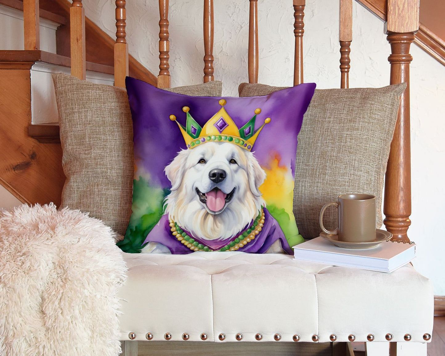 Great Pyrenees King of Mardi Gras Throw Pillow Machine Washable, Indoor Outdoor Decorative Pillow for Couch, Bed or Patio, 14Hx14W