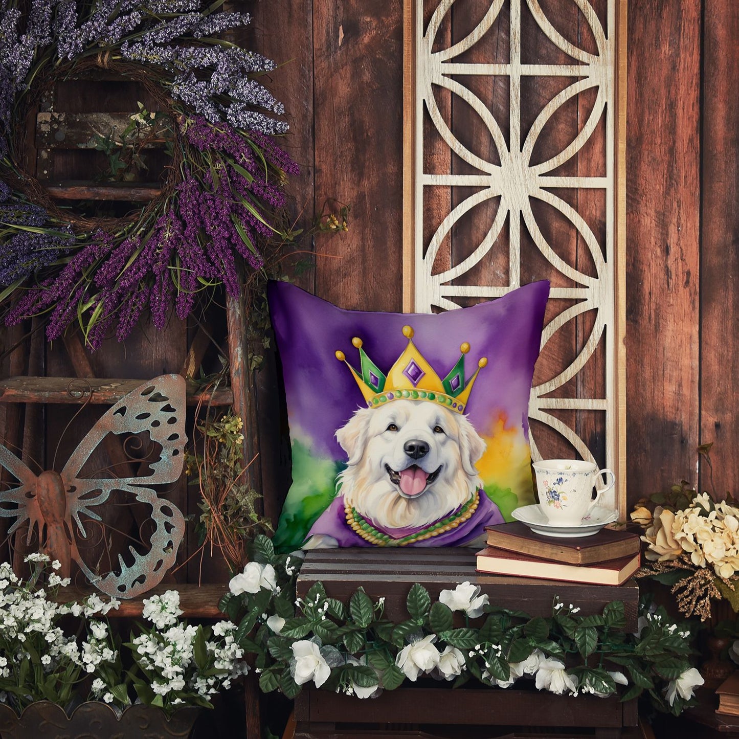 Great Pyrenees King of Mardi Gras Throw Pillow Machine Washable, Indoor Outdoor Decorative Pillow for Couch, Bed or Patio, 14Hx14W