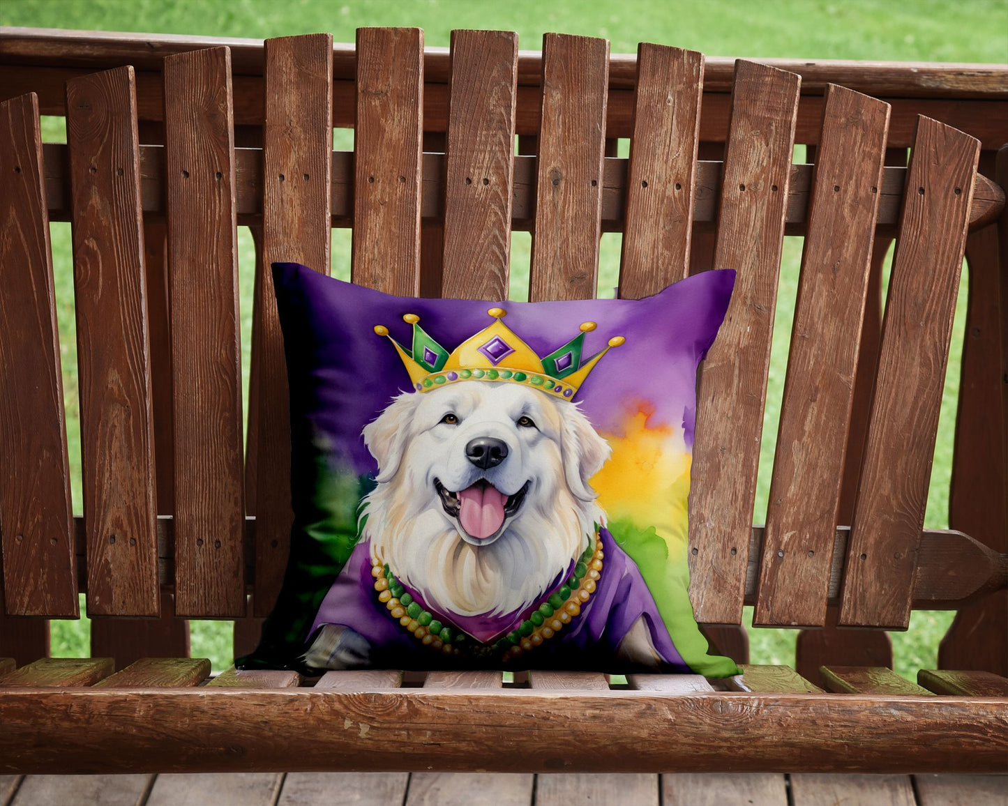 Great Pyrenees King of Mardi Gras Throw Pillow Machine Washable, Indoor Outdoor Decorative Pillow for Couch, Bed or Patio, 14Hx14W