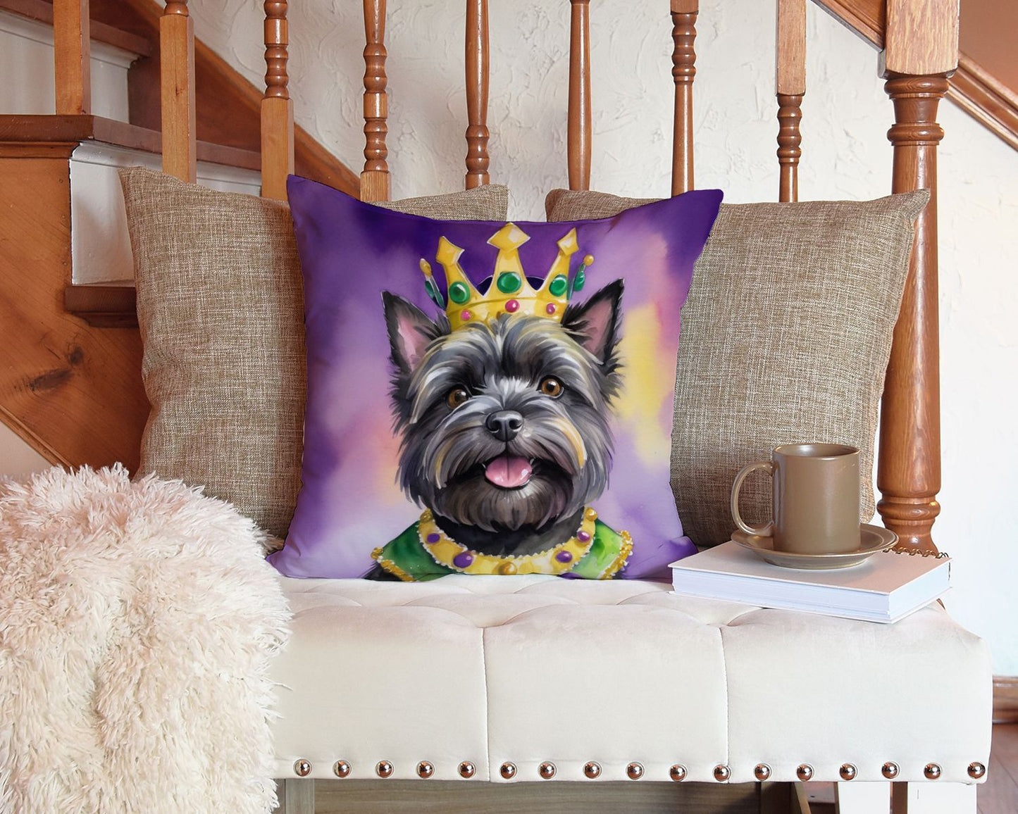Cairn Terrier King of Mardi Gras Throw Pillow Machine Washable, Indoor Outdoor Decorative Pillow for Couch, Bed or Patio, 14Hx14W