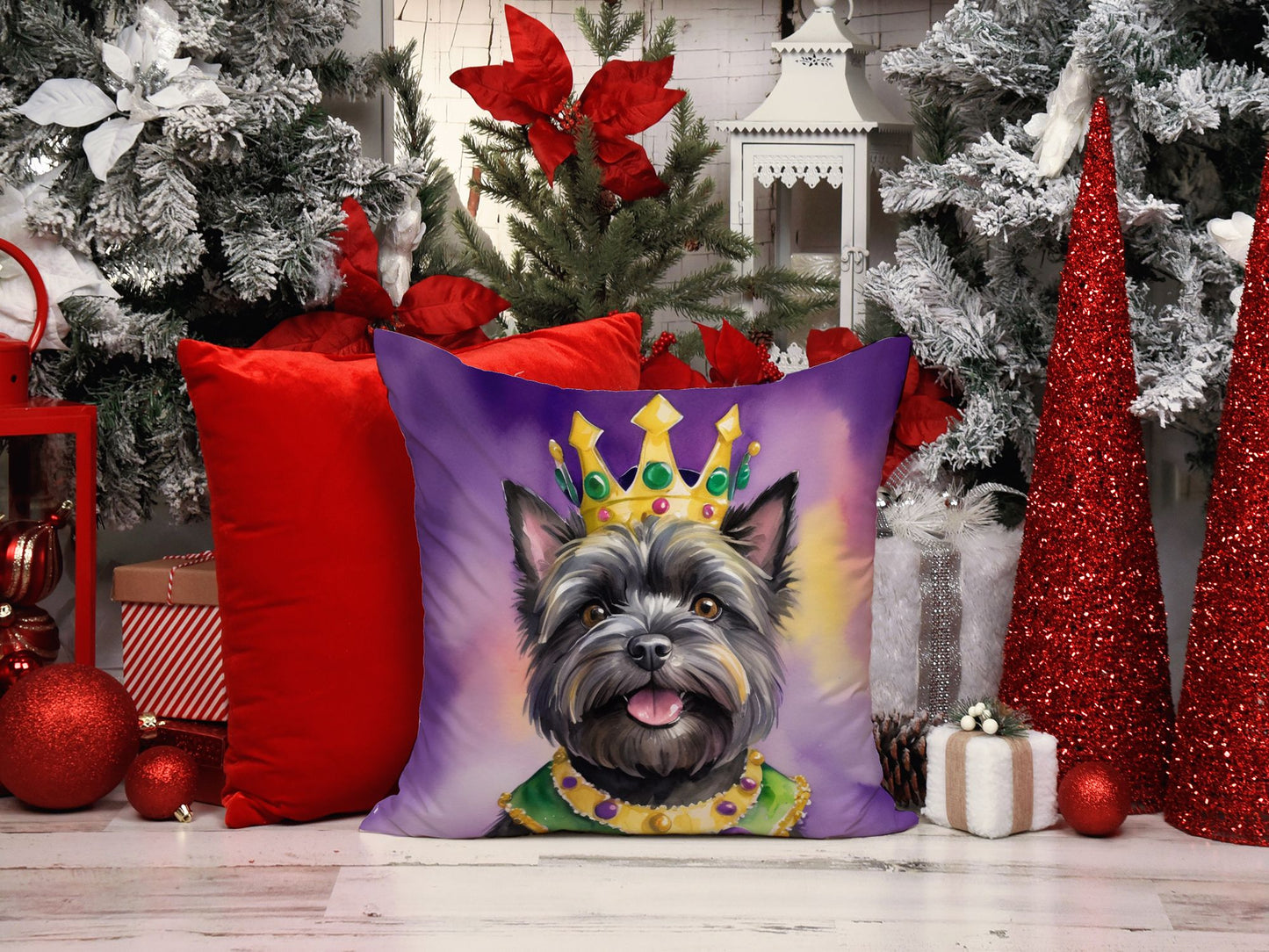 Cairn Terrier King of Mardi Gras Throw Pillow Machine Washable, Indoor Outdoor Decorative Pillow for Couch, Bed or Patio, 14Hx14W