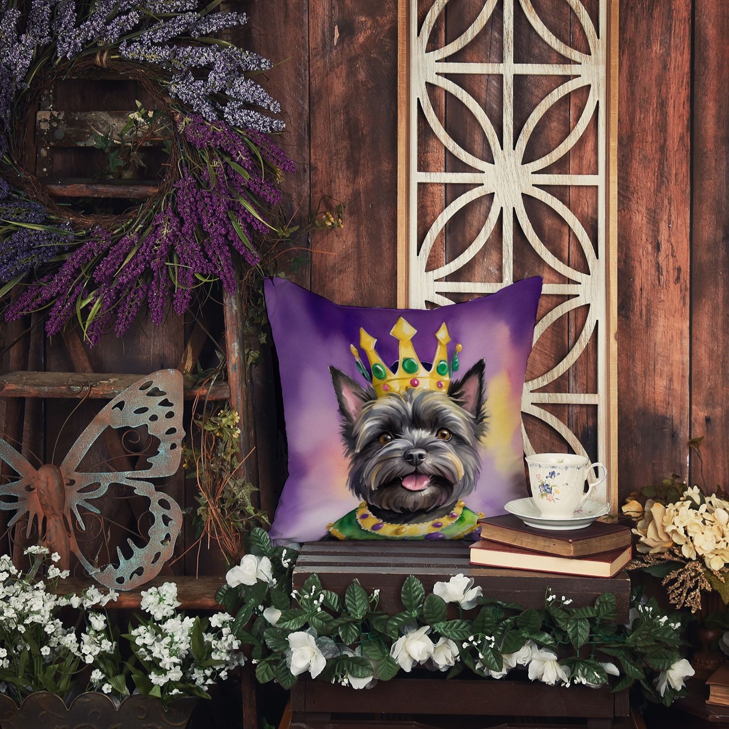 Cairn Terrier King of Mardi Gras Throw Pillow Machine Washable, Indoor Outdoor Decorative Pillow for Couch, Bed or Patio, 14Hx14W