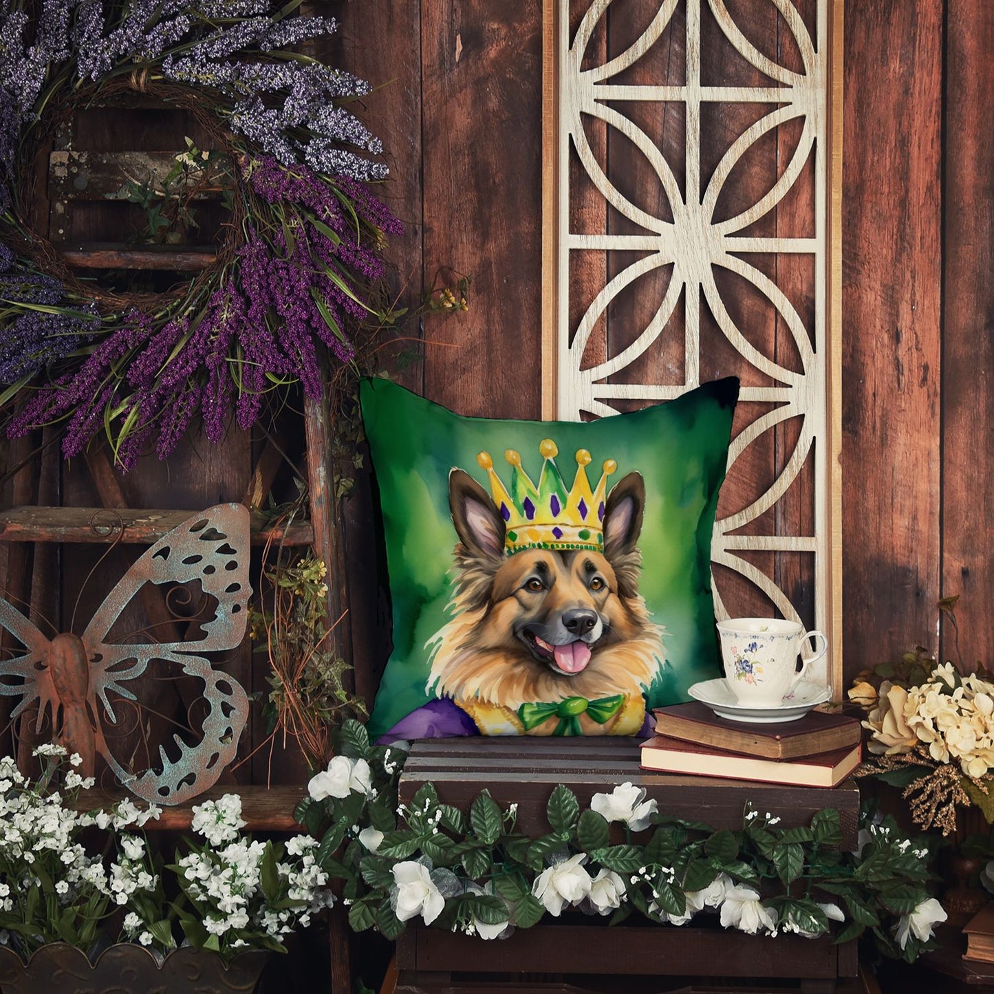 Belgian Tervuren King of Mardi Gras Throw Pillow Machine Washable, Indoor Outdoor Decorative Pillow for Couch, Bed or Patio, 14Hx14W