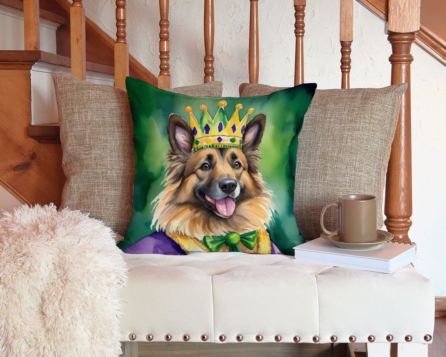 Belgian Tervuren King of Mardi Gras Throw Pillow Machine Washable, Indoor Outdoor Decorative Pillow for Couch, Bed or Patio, 14Hx14W