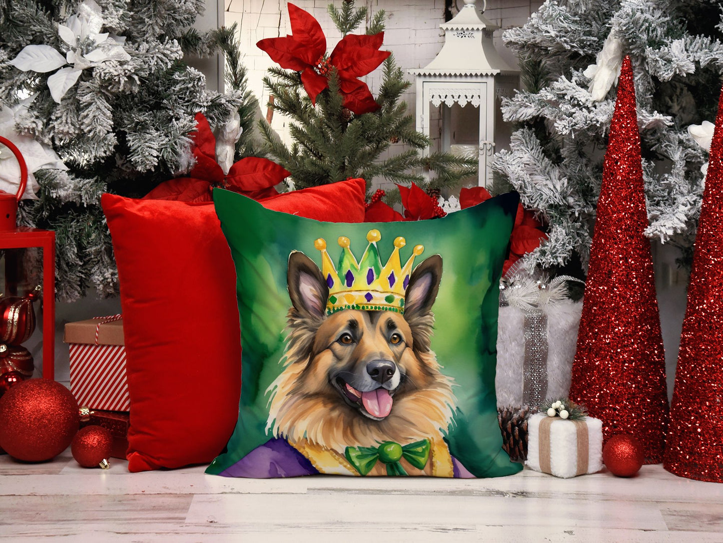 Belgian Tervuren King of Mardi Gras Throw Pillow Machine Washable, Indoor Outdoor Decorative Pillow for Couch, Bed or Patio, 14Hx14W