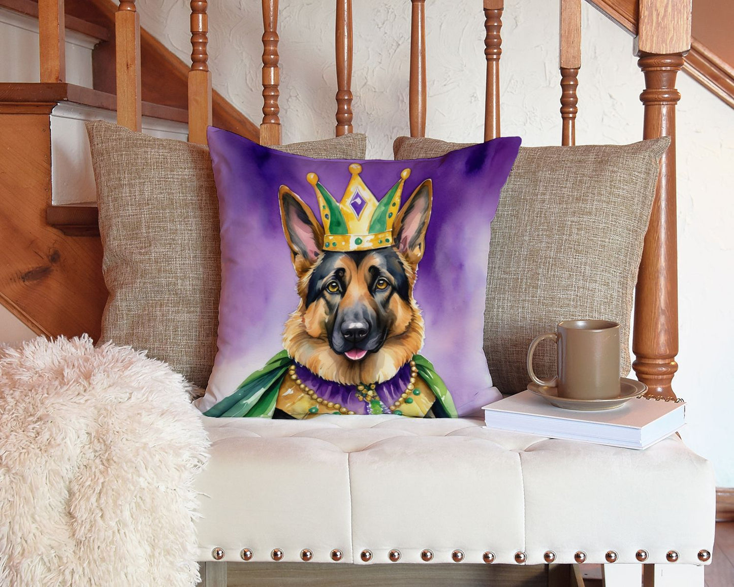 German Shepherd King of Mardi Gras Throw Pillow Machine Washable, Indoor Outdoor Decorative Pillow for Couch, Bed or Patio, 14Hx14W
