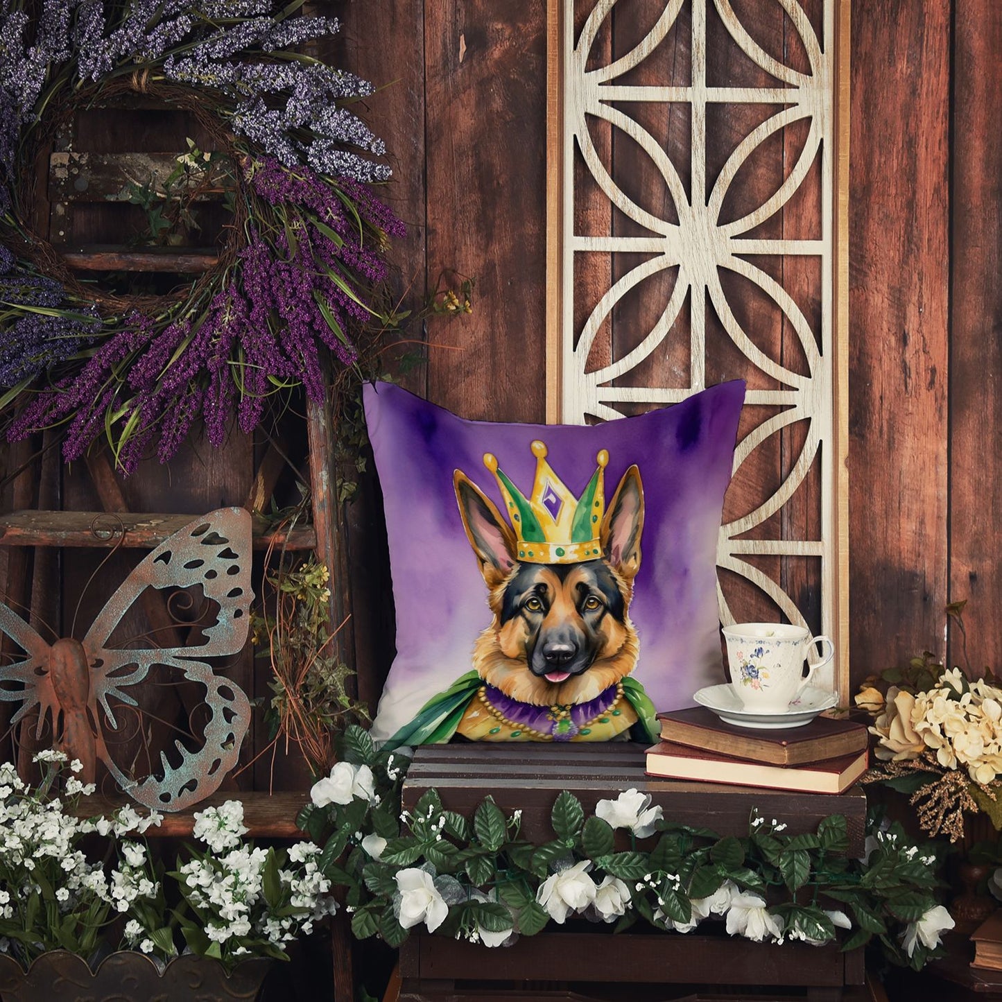 German Shepherd King of Mardi Gras Throw Pillow Machine Washable, Indoor Outdoor Decorative Pillow for Couch, Bed or Patio, 14Hx14W