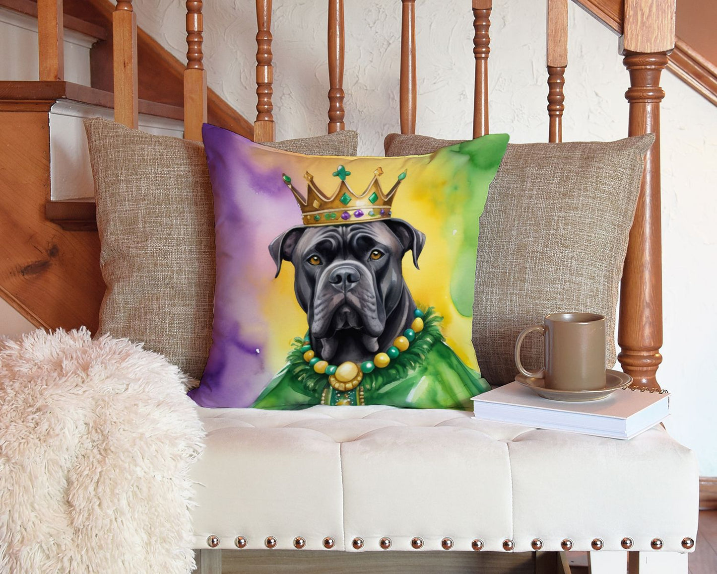 Cane Corso King of Mardi Gras Throw Pillow Machine Washable, Indoor Outdoor Decorative Pillow for Couch, Bed or Patio, 14Hx14W