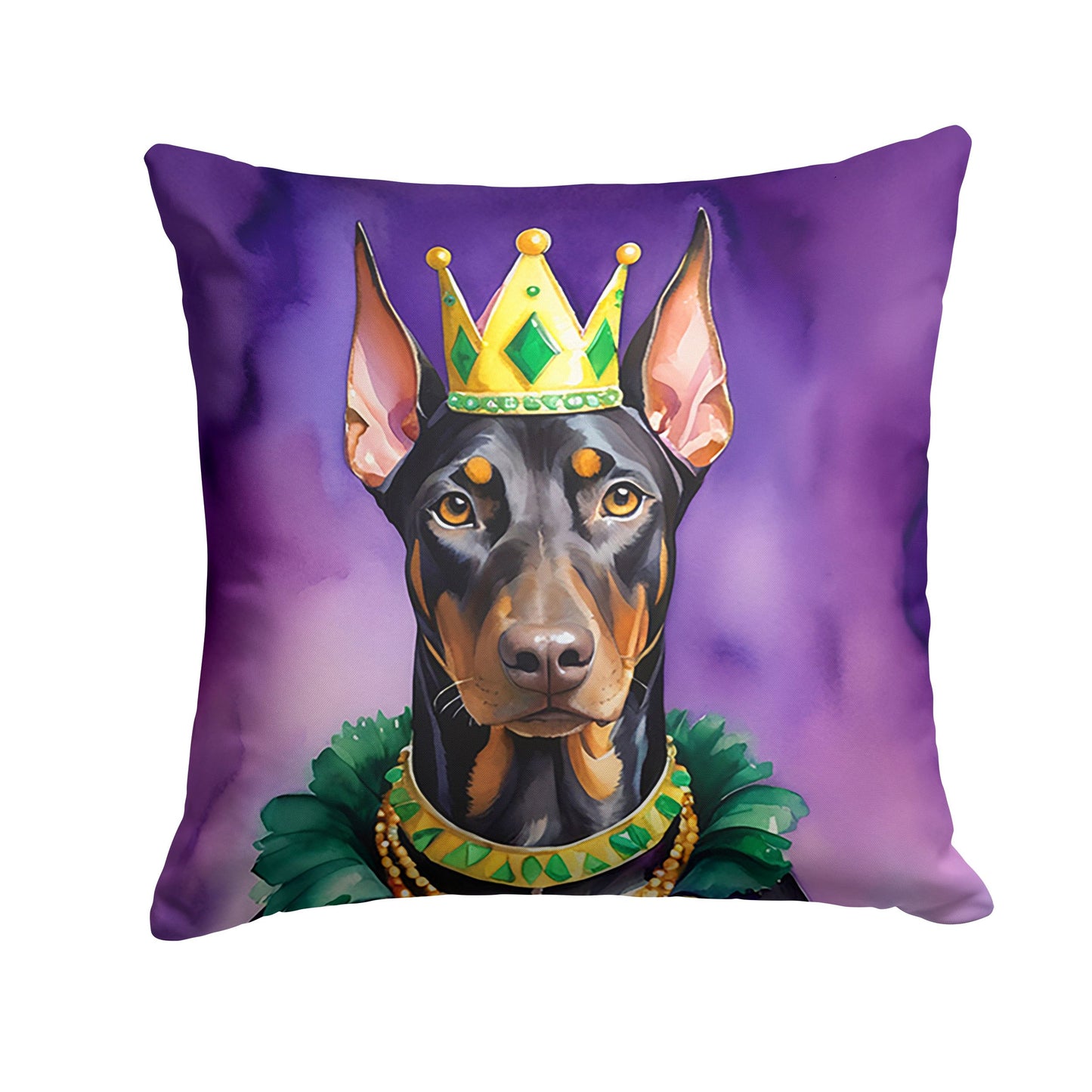 Doberman Pinscher King of Mardi Gras Throw Pillow Machine Washable, Indoor Outdoor Decorative Pillow for Couch, Bed or Patio, 14Hx14W
