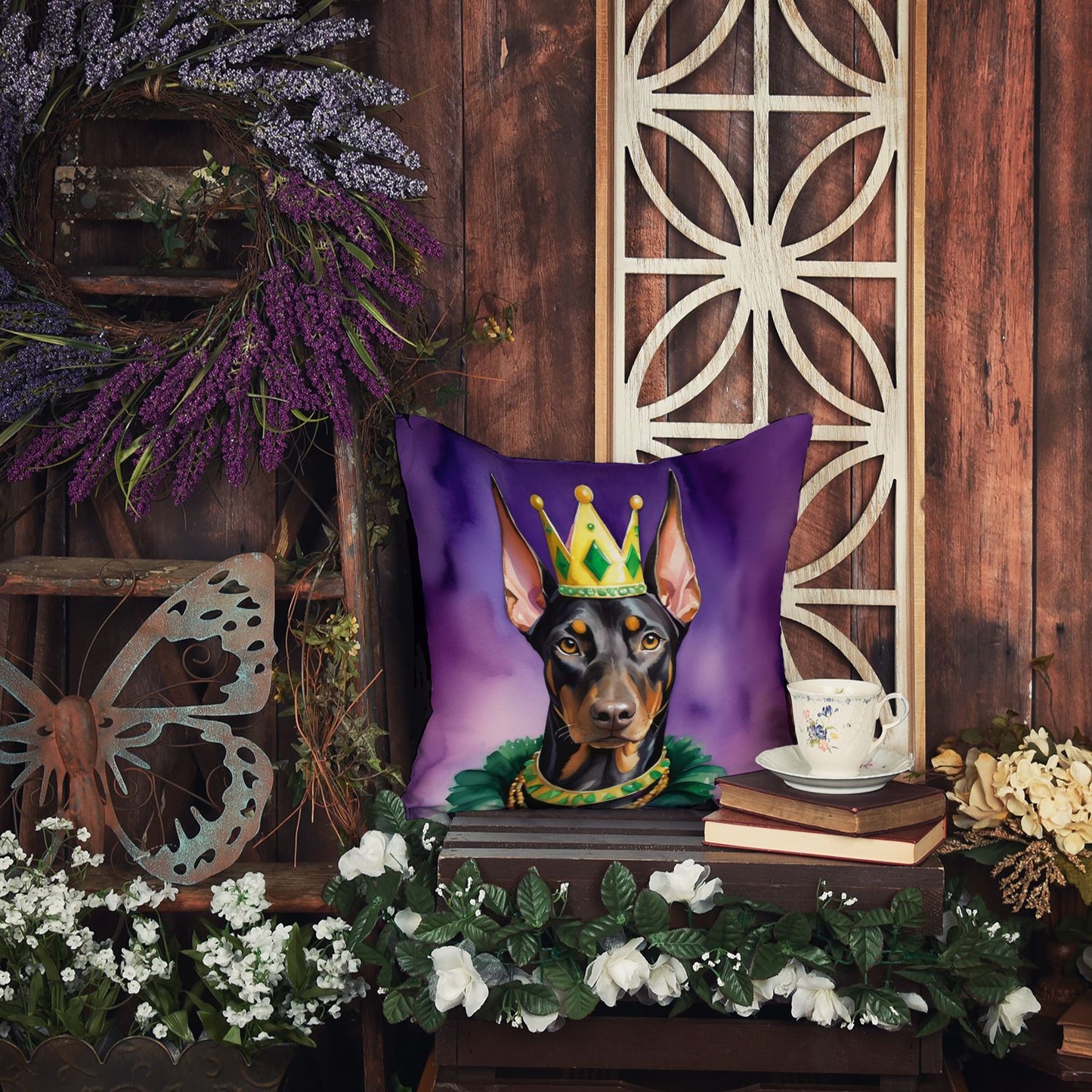 Doberman Pinscher King of Mardi Gras Throw Pillow Machine Washable, Indoor Outdoor Decorative Pillow for Couch, Bed or Patio, 14Hx14W