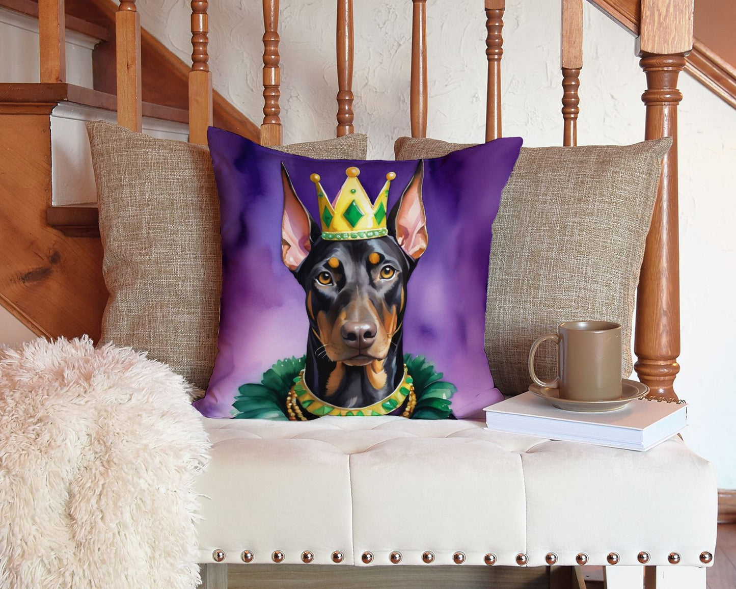 Doberman Pinscher King of Mardi Gras Throw Pillow Machine Washable, Indoor Outdoor Decorative Pillow for Couch, Bed or Patio, 14Hx14W