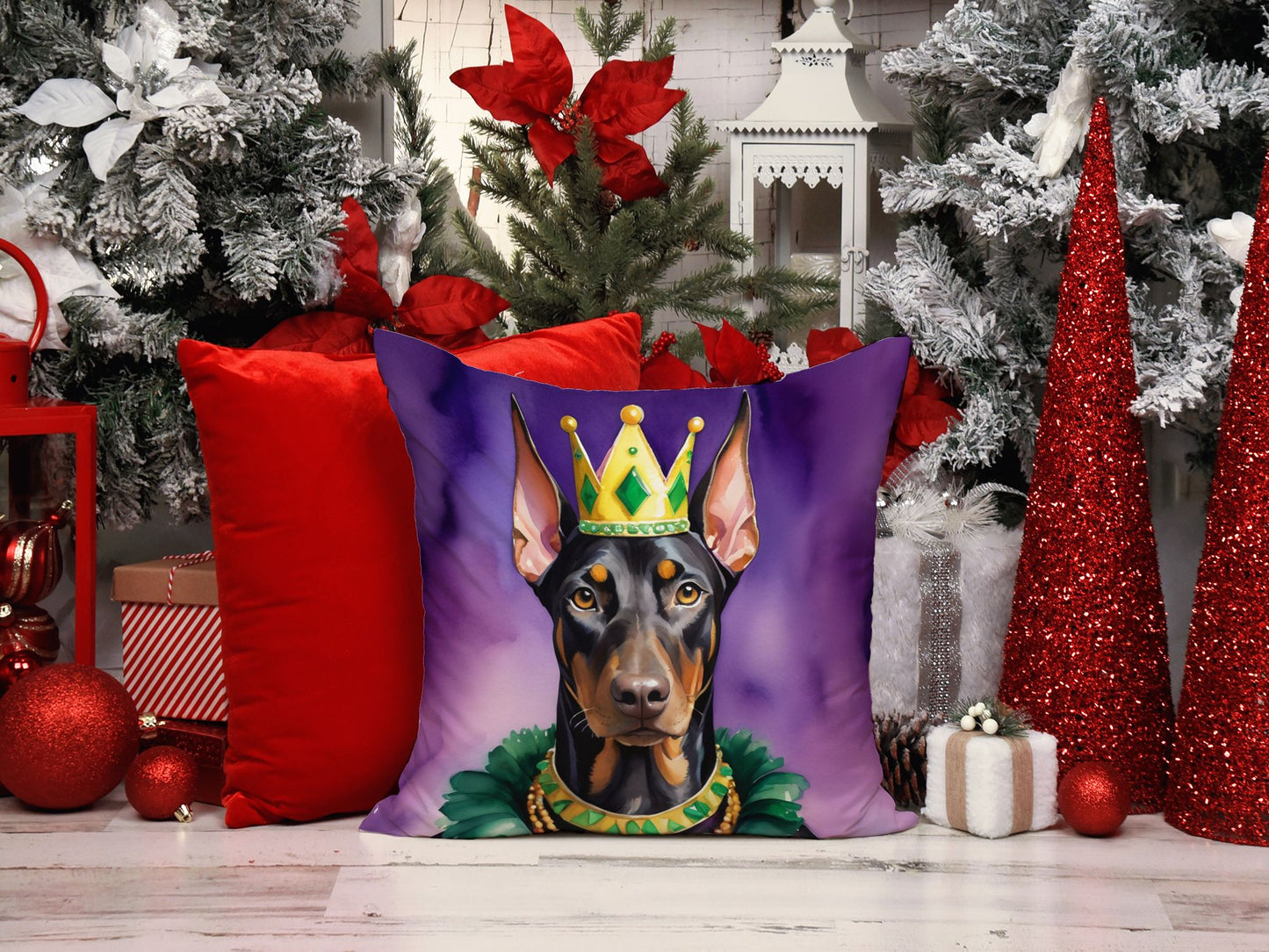 Doberman Pinscher King of Mardi Gras Throw Pillow Machine Washable, Indoor Outdoor Decorative Pillow for Couch, Bed or Patio, 14Hx14W