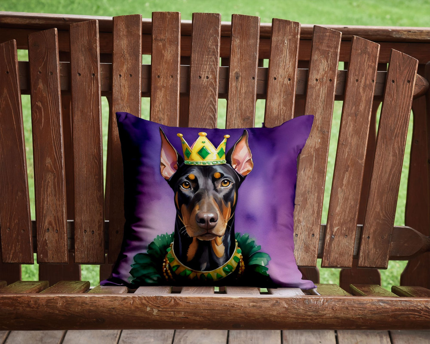 Doberman Pinscher King of Mardi Gras Throw Pillow Machine Washable, Indoor Outdoor Decorative Pillow for Couch, Bed or Patio, 14Hx14W