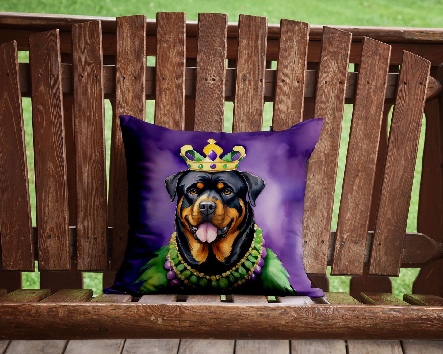 Rottweiler King of Mardi Gras Throw Pillow Machine Washable, Indoor Outdoor Decorative Pillow for Couch, Bed or Patio, 14Hx14W