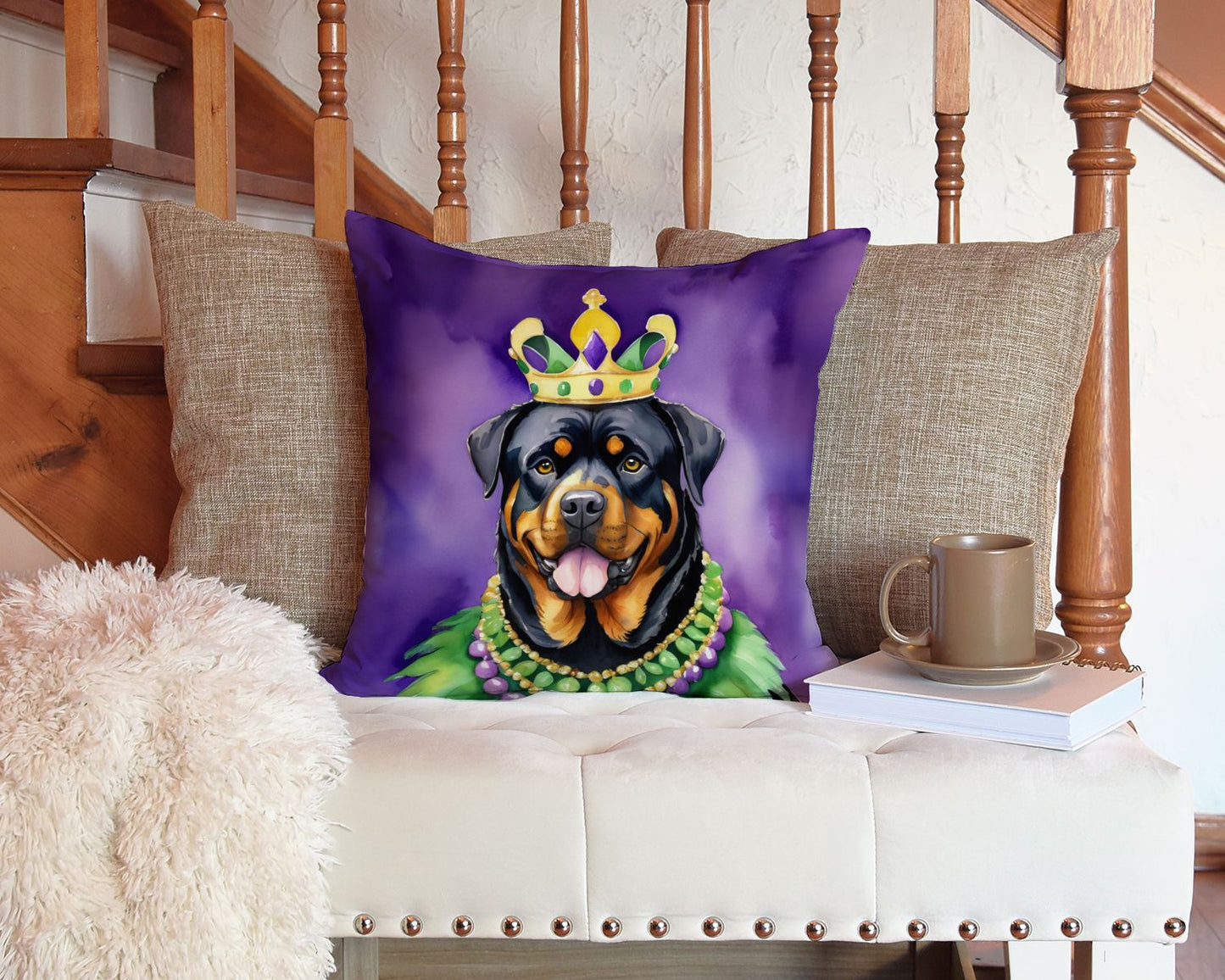 Rottweiler King of Mardi Gras Throw Pillow Machine Washable, Indoor Outdoor Decorative Pillow for Couch, Bed or Patio, 14Hx14W