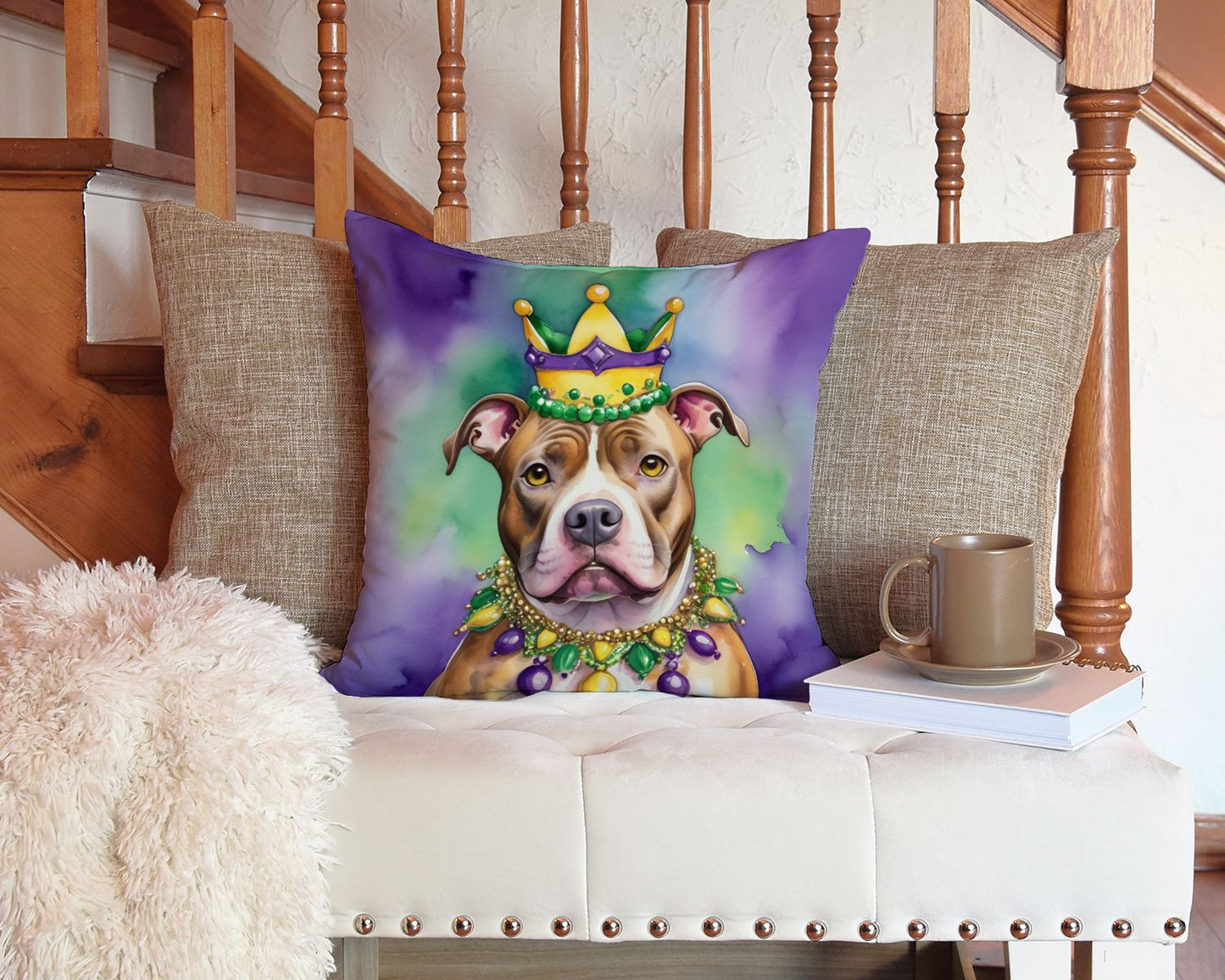 Pit Bull Terrier King of Mardi Gras Throw Pillow Machine Washable, Indoor Outdoor Decorative Pillow for Couch, Bed or Patio, 14Hx14W