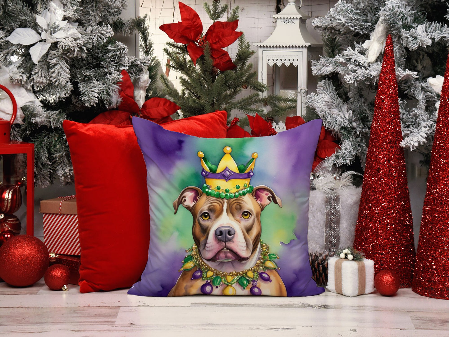 Pit Bull Terrier King of Mardi Gras Throw Pillow Machine Washable, Indoor Outdoor Decorative Pillow for Couch, Bed or Patio, 14Hx14W