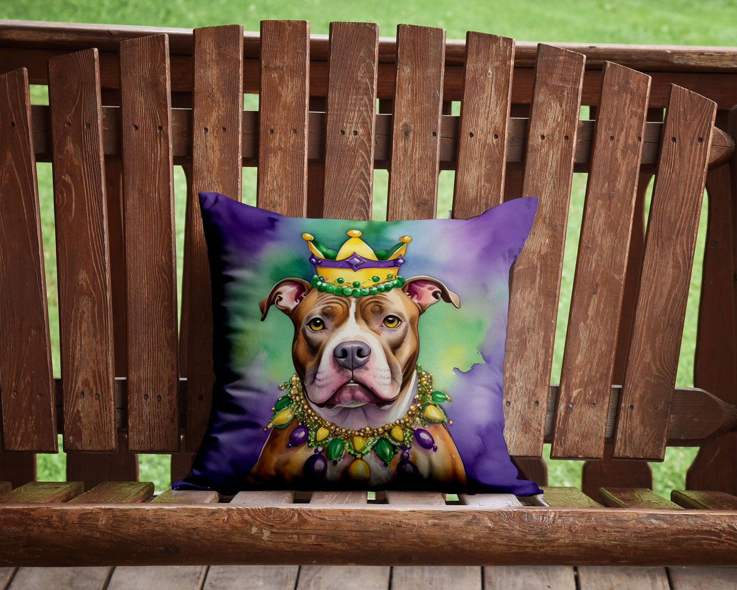Pit Bull Terrier King of Mardi Gras Throw Pillow Machine Washable, Indoor Outdoor Decorative Pillow for Couch, Bed or Patio, 14Hx14W