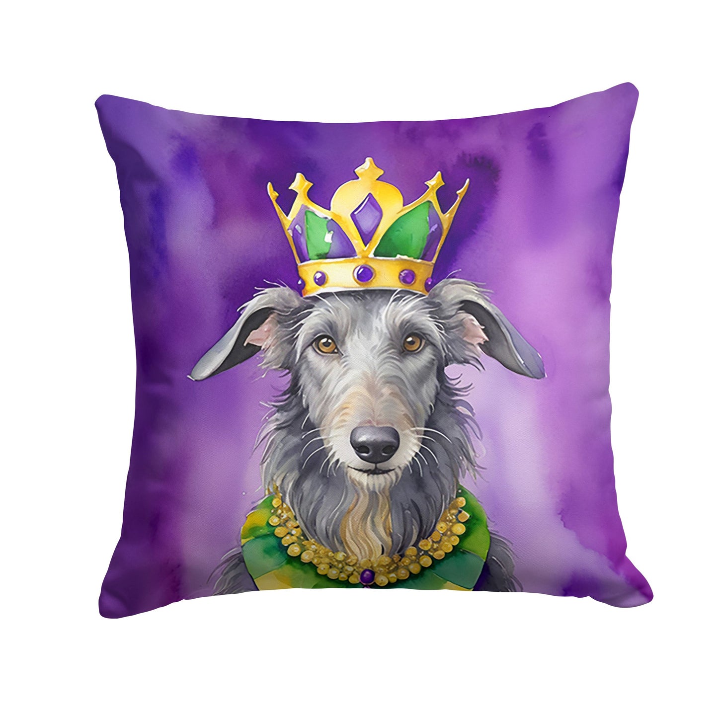 Scottish Deerhound King of Mardi Gras Throw Pillow Machine Washable, Indoor Outdoor Decorative Pillow for Couch, Bed or Patio, 14Hx14W