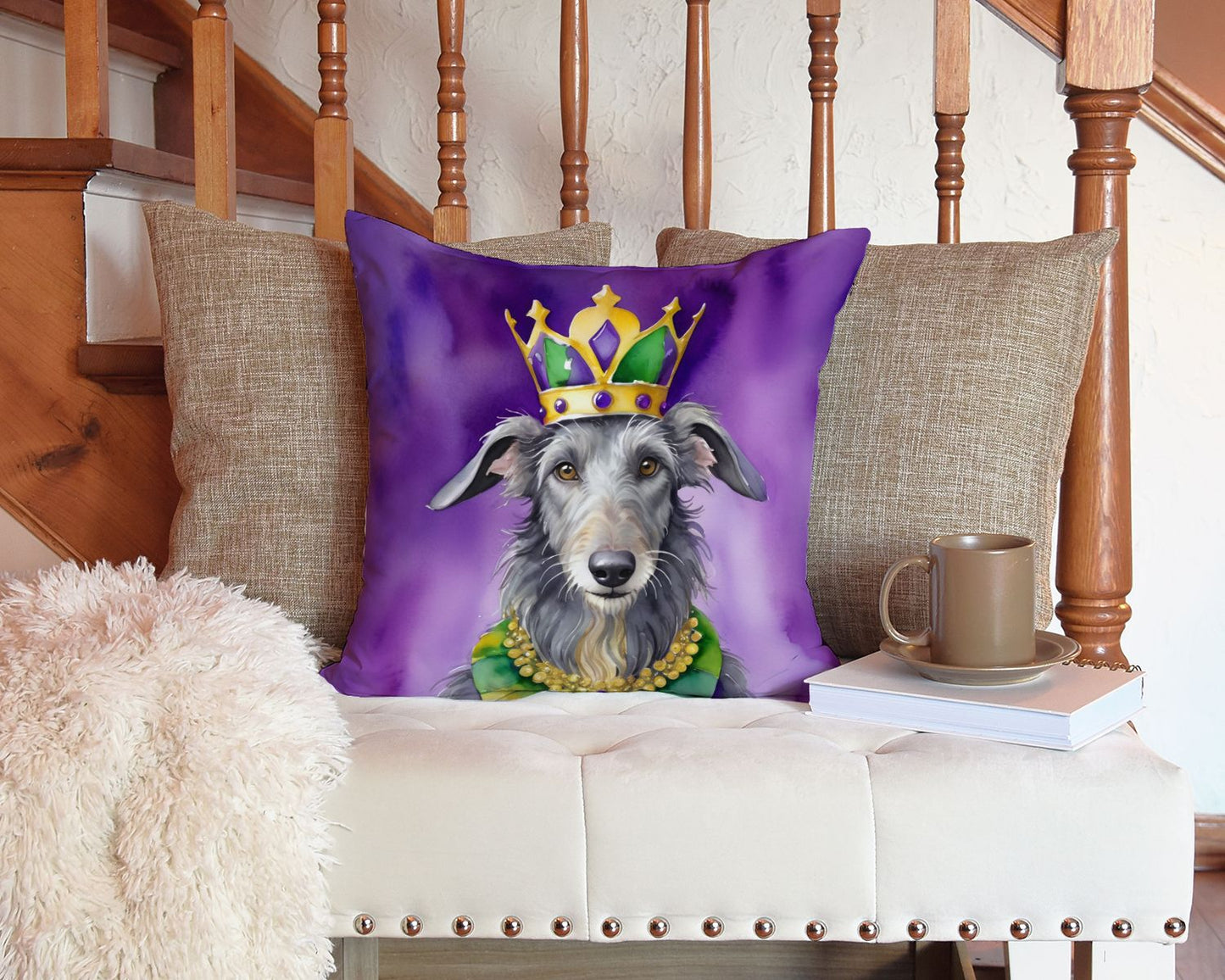 Scottish Deerhound King of Mardi Gras Throw Pillow Machine Washable, Indoor Outdoor Decorative Pillow for Couch, Bed or Patio, 14Hx14W