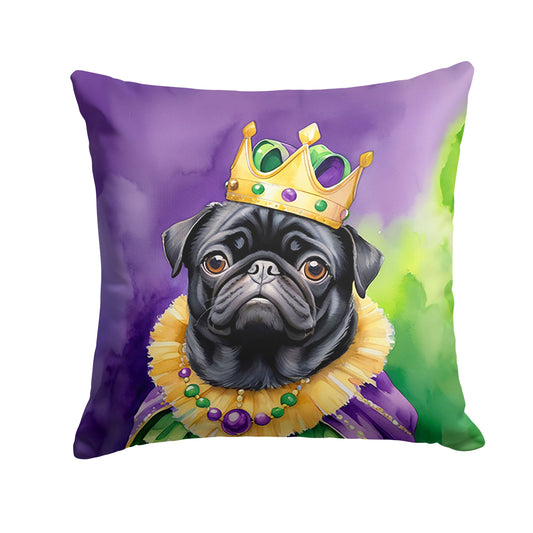 Black Pug King of Mardi Gras Throw Pillow Machine Washable, Indoor Outdoor Decorative Pillow for Couch, Bed or Patio, 14Hx14W