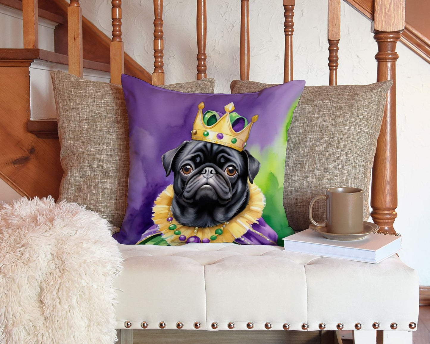 Black Pug King of Mardi Gras Throw Pillow Machine Washable, Indoor Outdoor Decorative Pillow for Couch, Bed or Patio, 14Hx14W