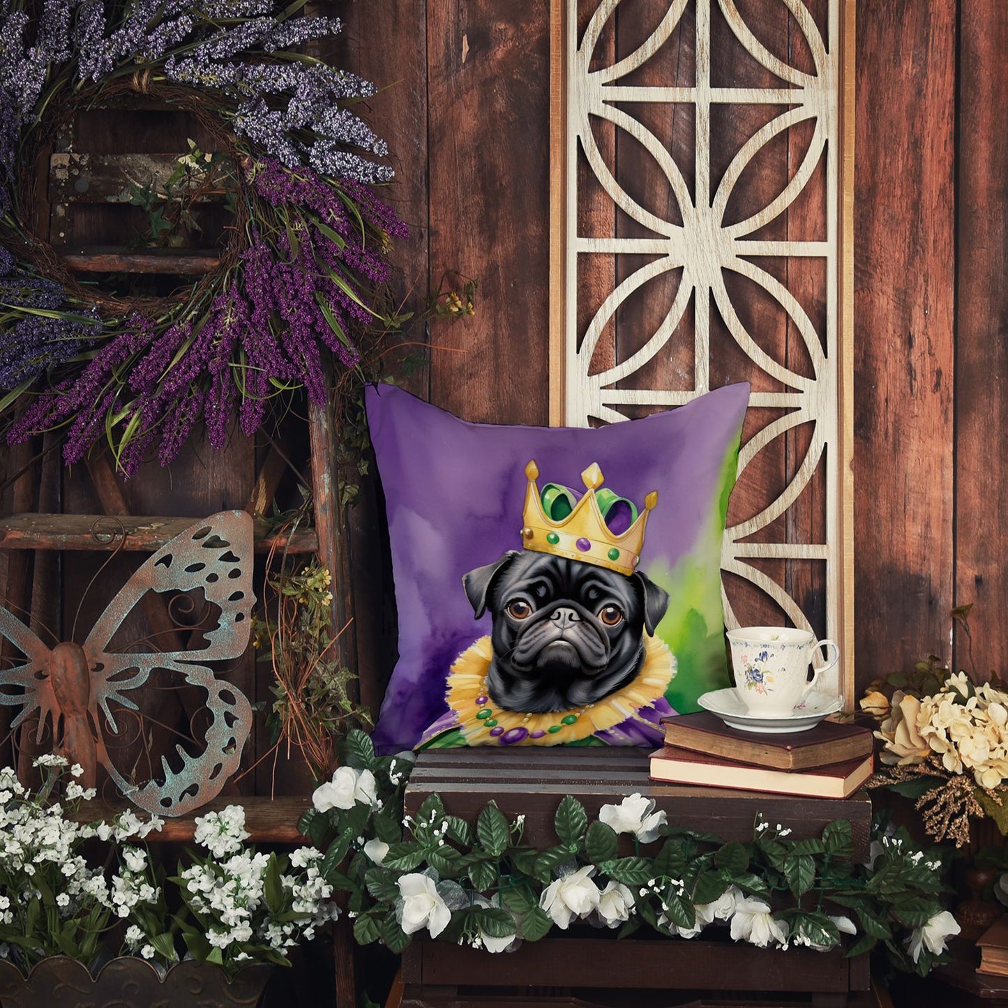 Black Pug King of Mardi Gras Throw Pillow Machine Washable, Indoor Outdoor Decorative Pillow for Couch, Bed or Patio, 14Hx14W