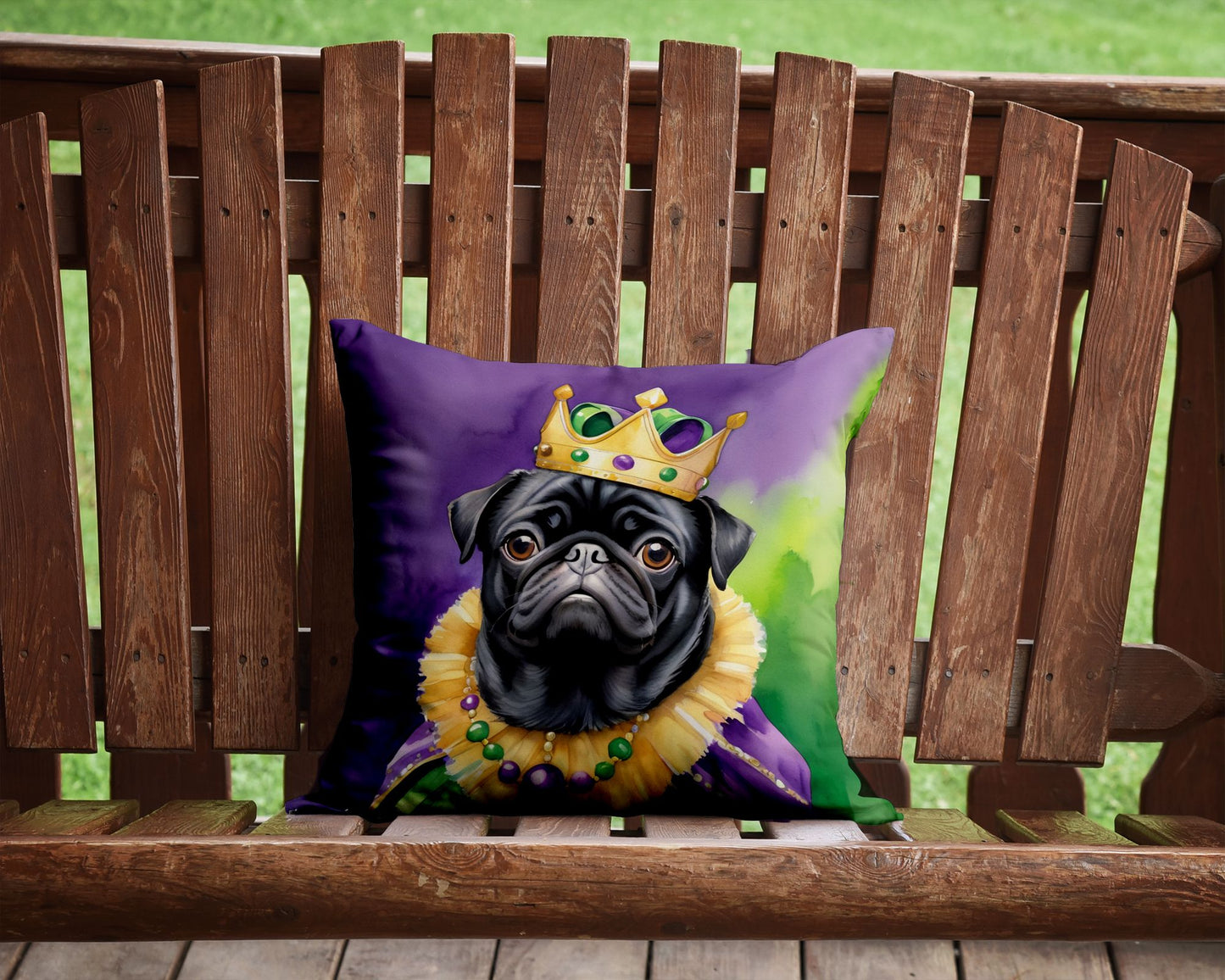 Black Pug King of Mardi Gras Throw Pillow Machine Washable, Indoor Outdoor Decorative Pillow for Couch, Bed or Patio, 14Hx14W