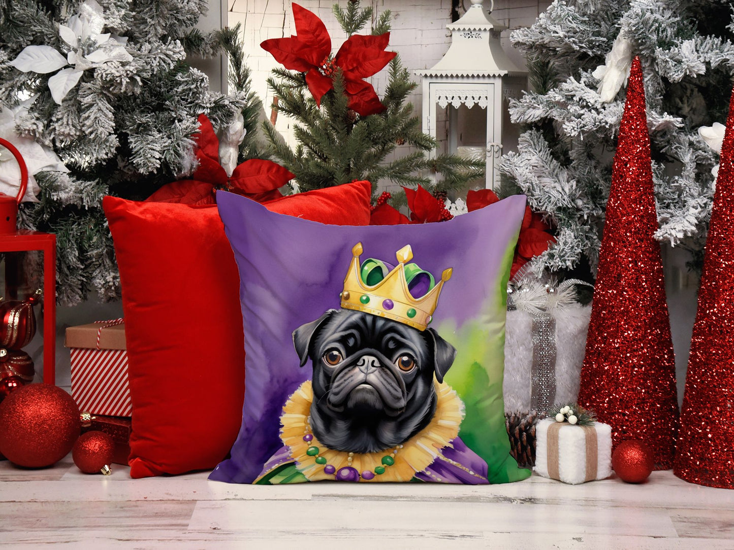 Black Pug King of Mardi Gras Throw Pillow Machine Washable, Indoor Outdoor Decorative Pillow for Couch, Bed or Patio, 14Hx14W