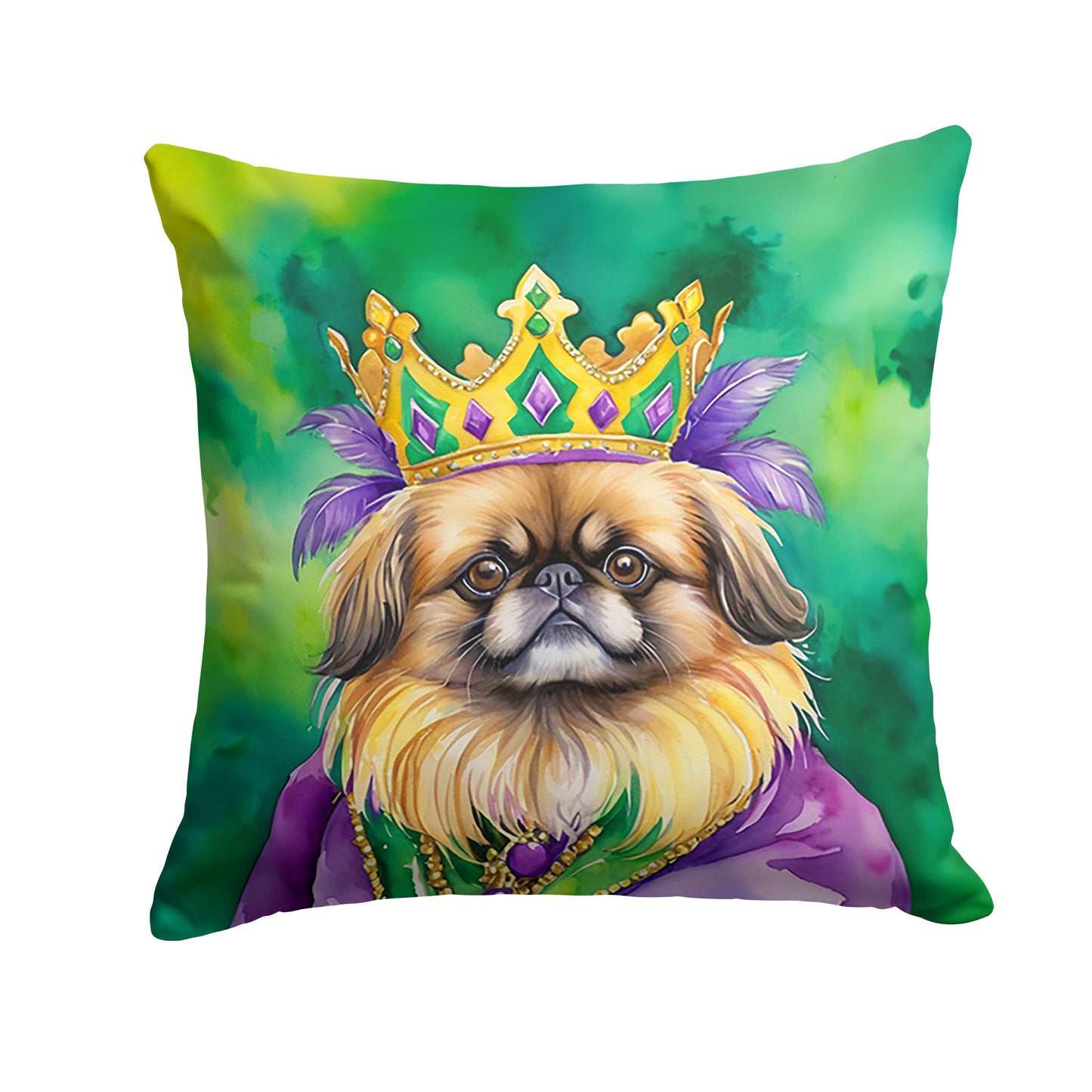Pekingese King of Mardi Gras Throw Pillow Machine Washable, Indoor Outdoor Decorative Pillow for Couch, Bed or Patio, 14Hx14W