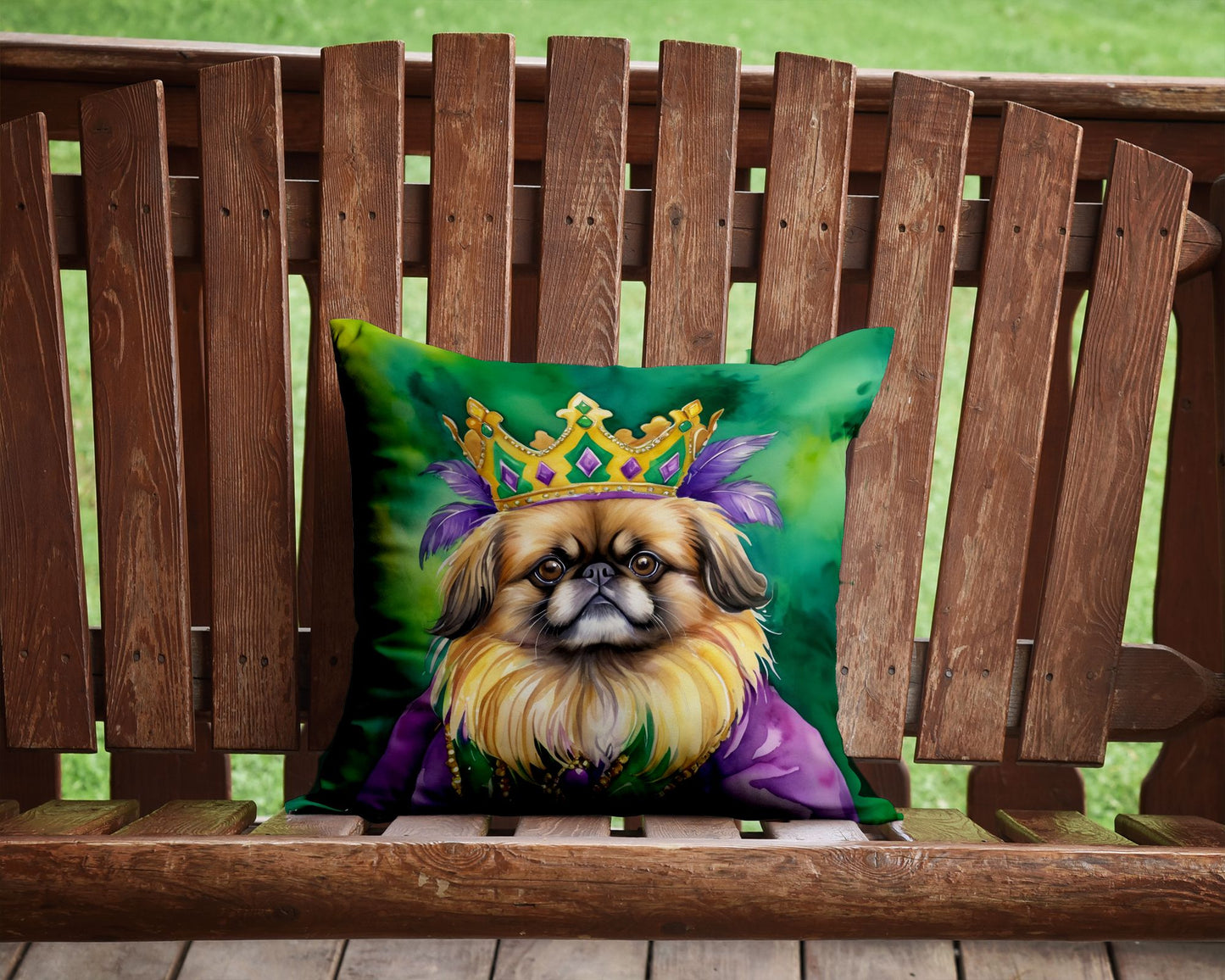 Pekingese King of Mardi Gras Throw Pillow Machine Washable, Indoor Outdoor Decorative Pillow for Couch, Bed or Patio, 14Hx14W