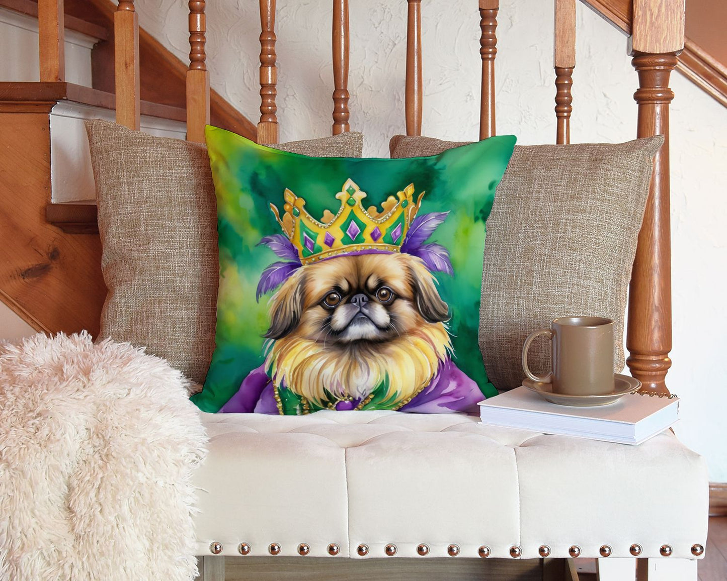 Pekingese King of Mardi Gras Throw Pillow Machine Washable, Indoor Outdoor Decorative Pillow for Couch, Bed or Patio, 14Hx14W