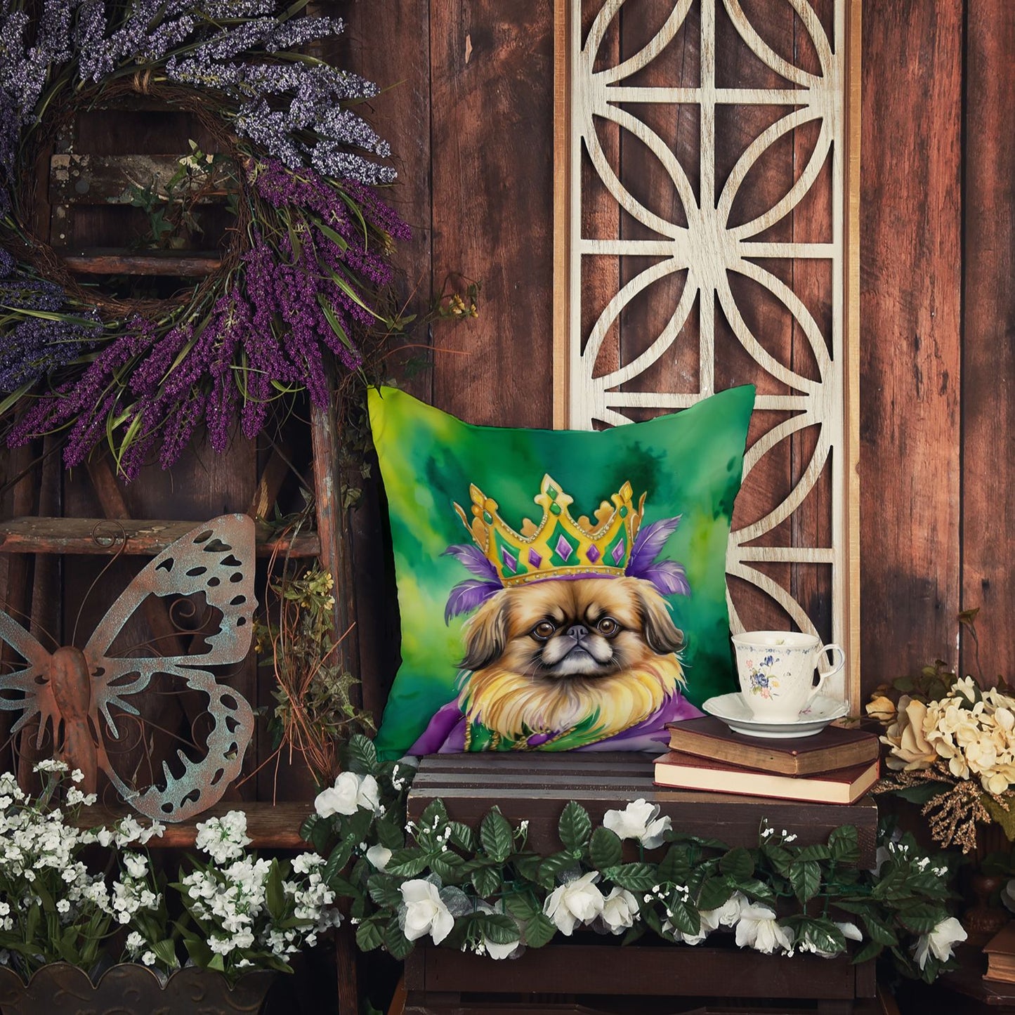 Pekingese King of Mardi Gras Throw Pillow Machine Washable, Indoor Outdoor Decorative Pillow for Couch, Bed or Patio, 14Hx14W