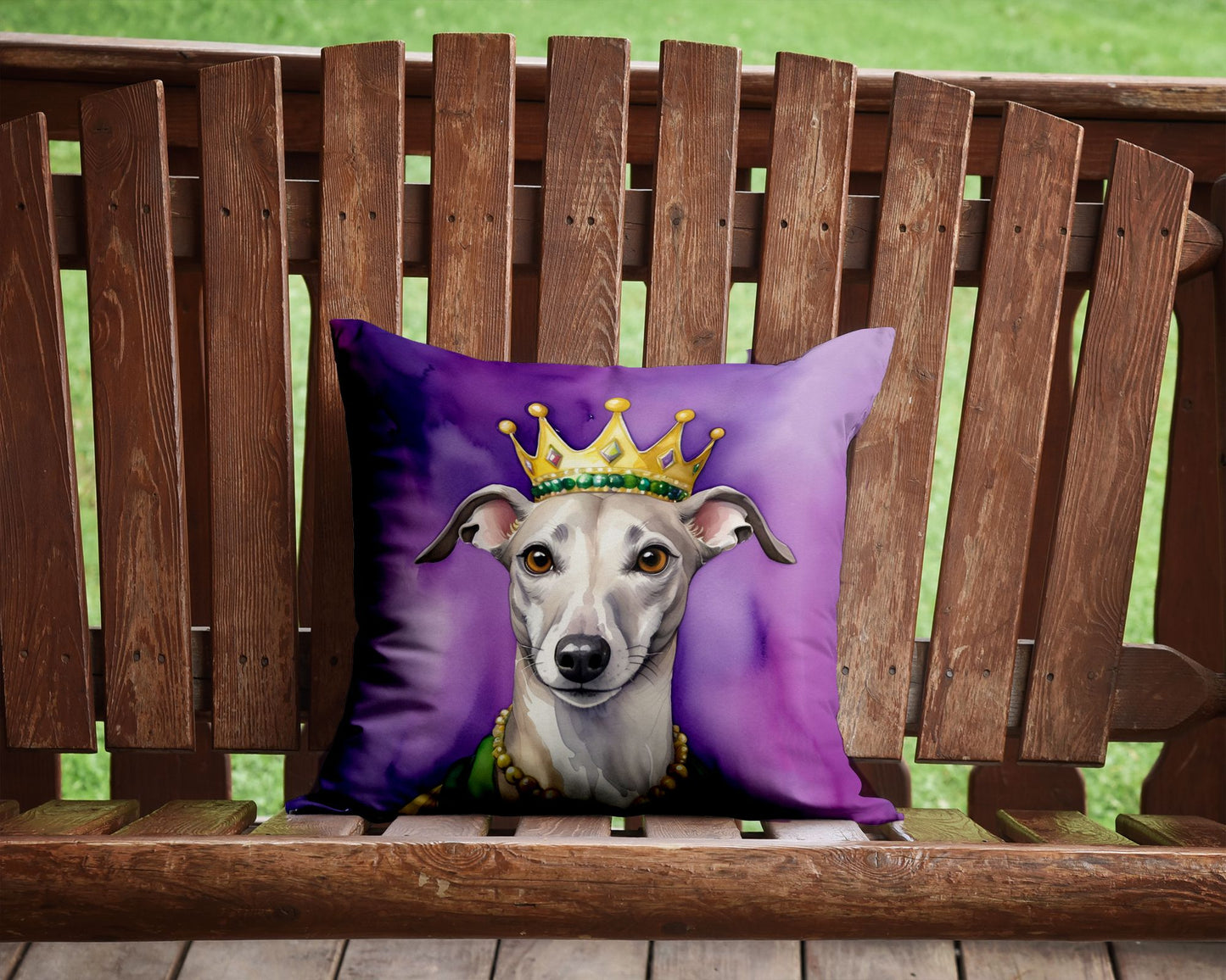 Whippet King of Mardi Gras Throw Pillow Machine Washable, Indoor Outdoor Decorative Pillow for Couch, Bed or Patio, 14Hx14W