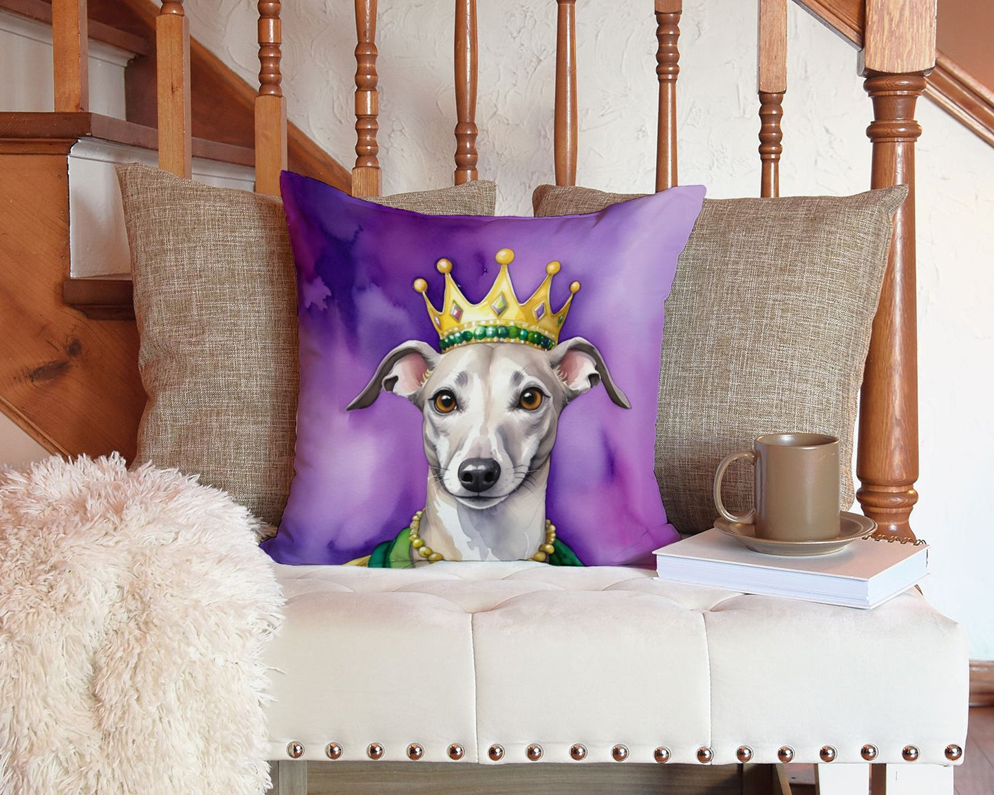 Whippet King of Mardi Gras Throw Pillow Machine Washable, Indoor Outdoor Decorative Pillow for Couch, Bed or Patio, 14Hx14W