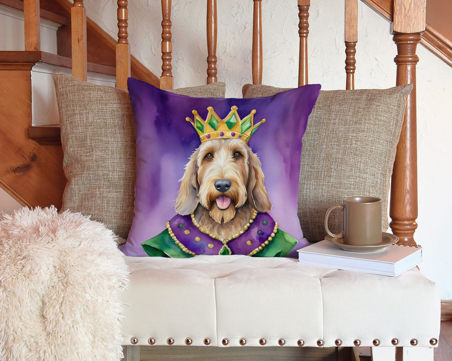 Otterhound King of Mardi Gras Throw Pillow Machine Washable, Indoor Outdoor Decorative Pillow for Couch, Bed or Patio, 14Hx14W