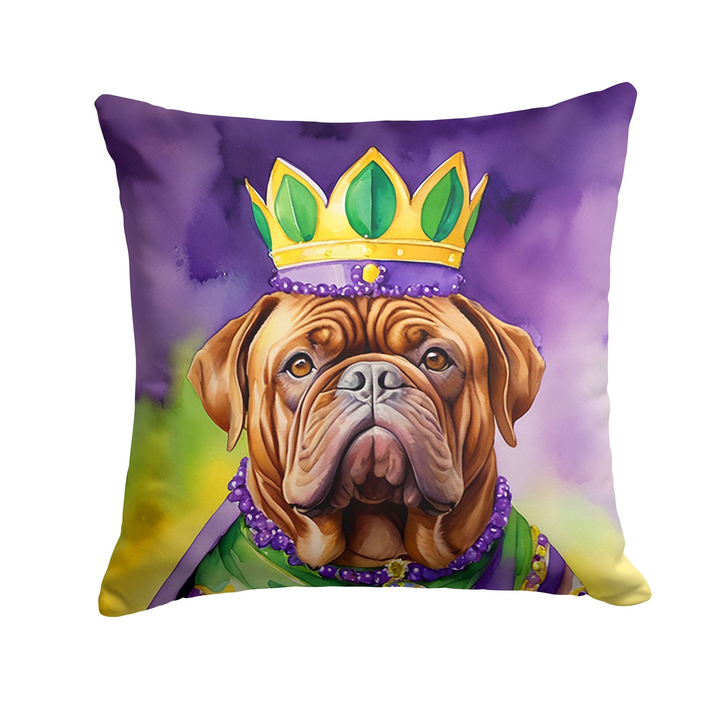 Dogue de Bordeaux King of Mardi Gras Throw Pillow Machine Washable, Indoor Outdoor Decorative Pillow for Couch, Bed or Patio, 14Hx14W