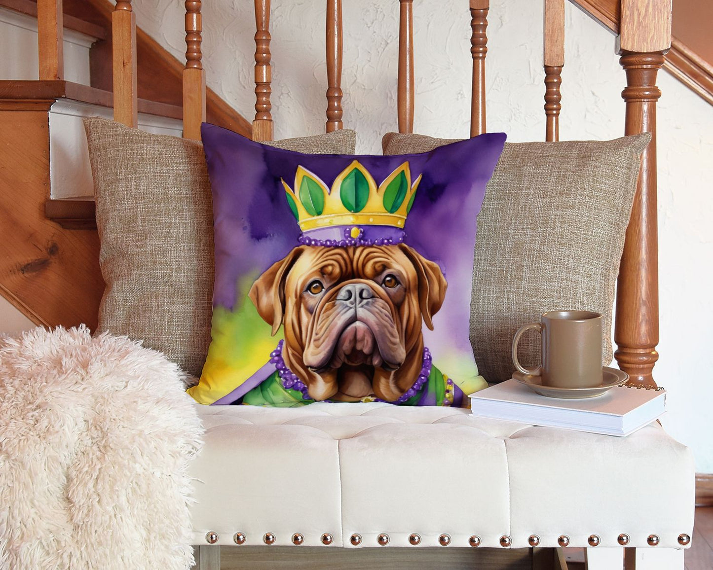 Dogue de Bordeaux King of Mardi Gras Throw Pillow Machine Washable, Indoor Outdoor Decorative Pillow for Couch, Bed or Patio, 14Hx14W
