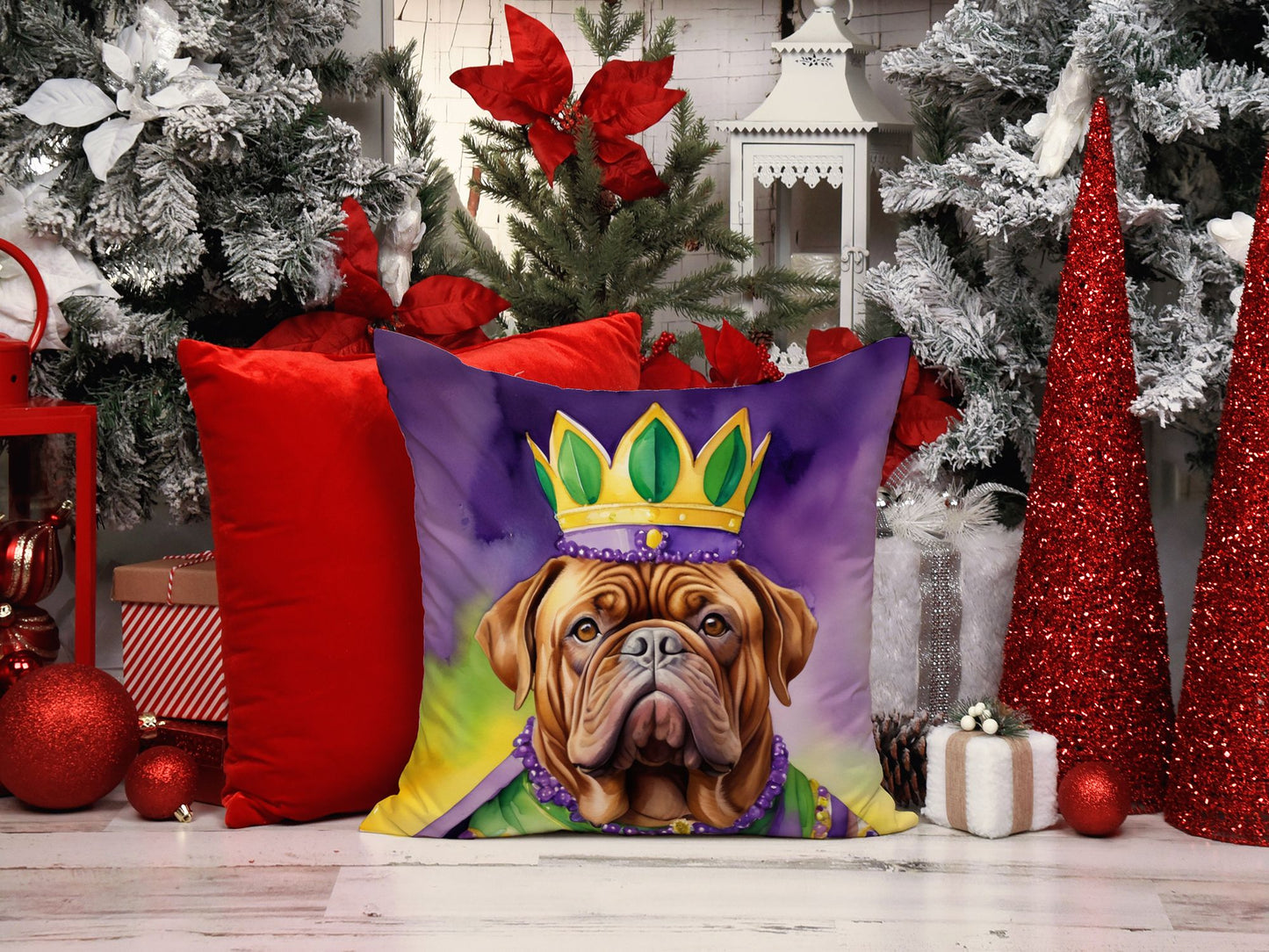 Dogue de Bordeaux King of Mardi Gras Throw Pillow Machine Washable, Indoor Outdoor Decorative Pillow for Couch, Bed or Patio, 14Hx14W
